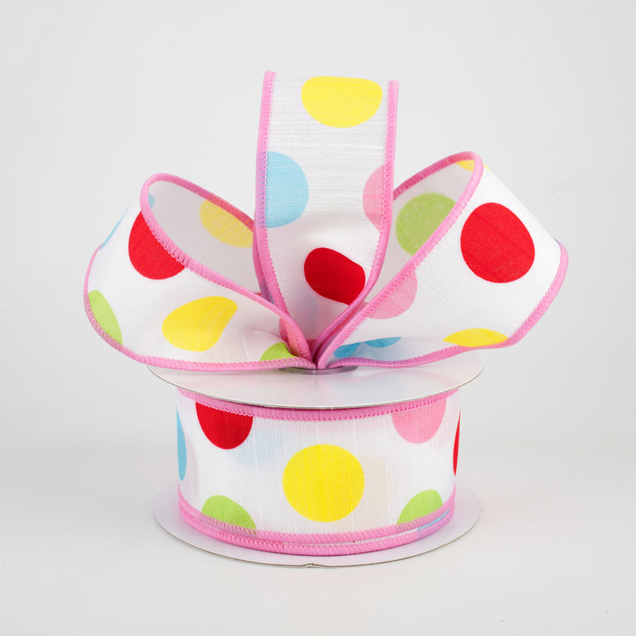 1.5" Multi Color Polka Dots Faux Dupioni Ribbon: White With Pink (10 Yards) Lifestyle Photo