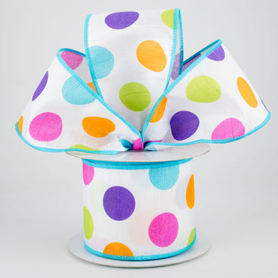 2.5" Multi Color Polka Dots Faux Dupioni Ribbon: White With Turquoise (10 Yards) Lifestyle Photo