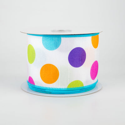 2.5" Multi Color Polka Dots Faux Dupioni Ribbon: White With Turquoise (10 Yards)