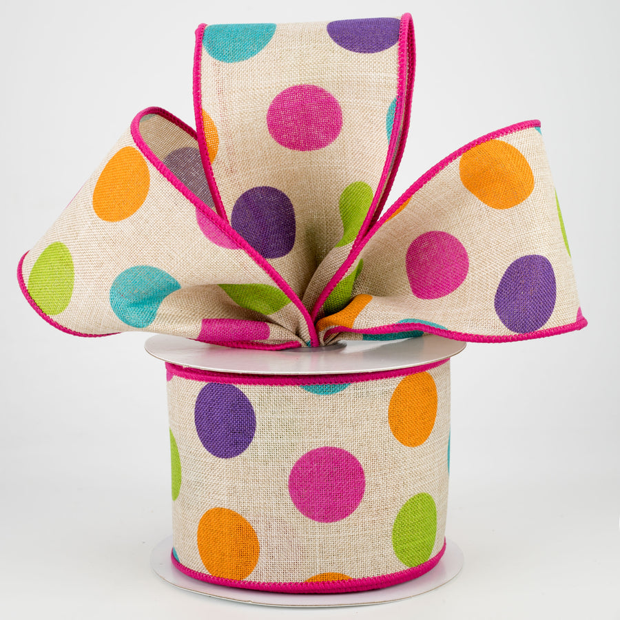 2.5" Multi Color Polka Dots Ribbon: Light Natural With Fuchsia (10 Yards) Lifestyle Photo