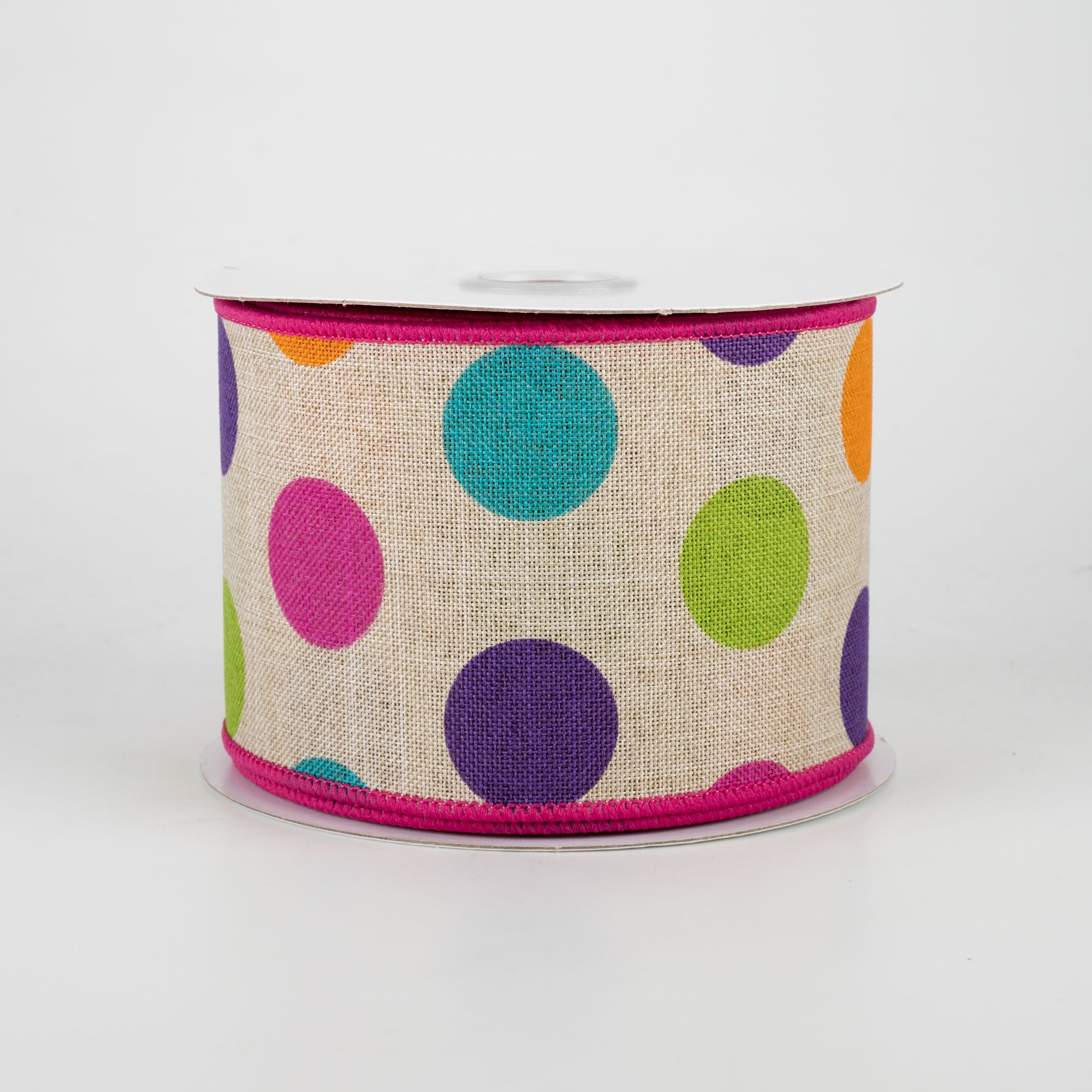 2.5" Multi Color Polka Dots Ribbon: Light Natural With Fuchsia (10 Yards)