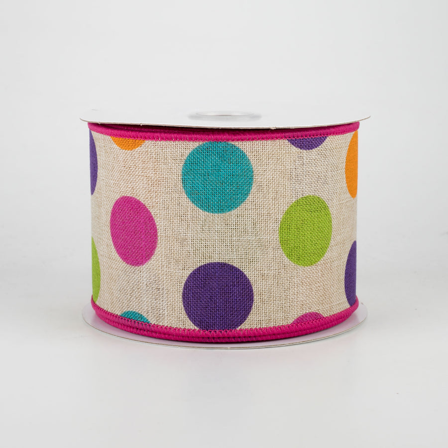 2.5" Multi Color Polka Dots Ribbon: Light Natural With Fuchsia (10 Yards)