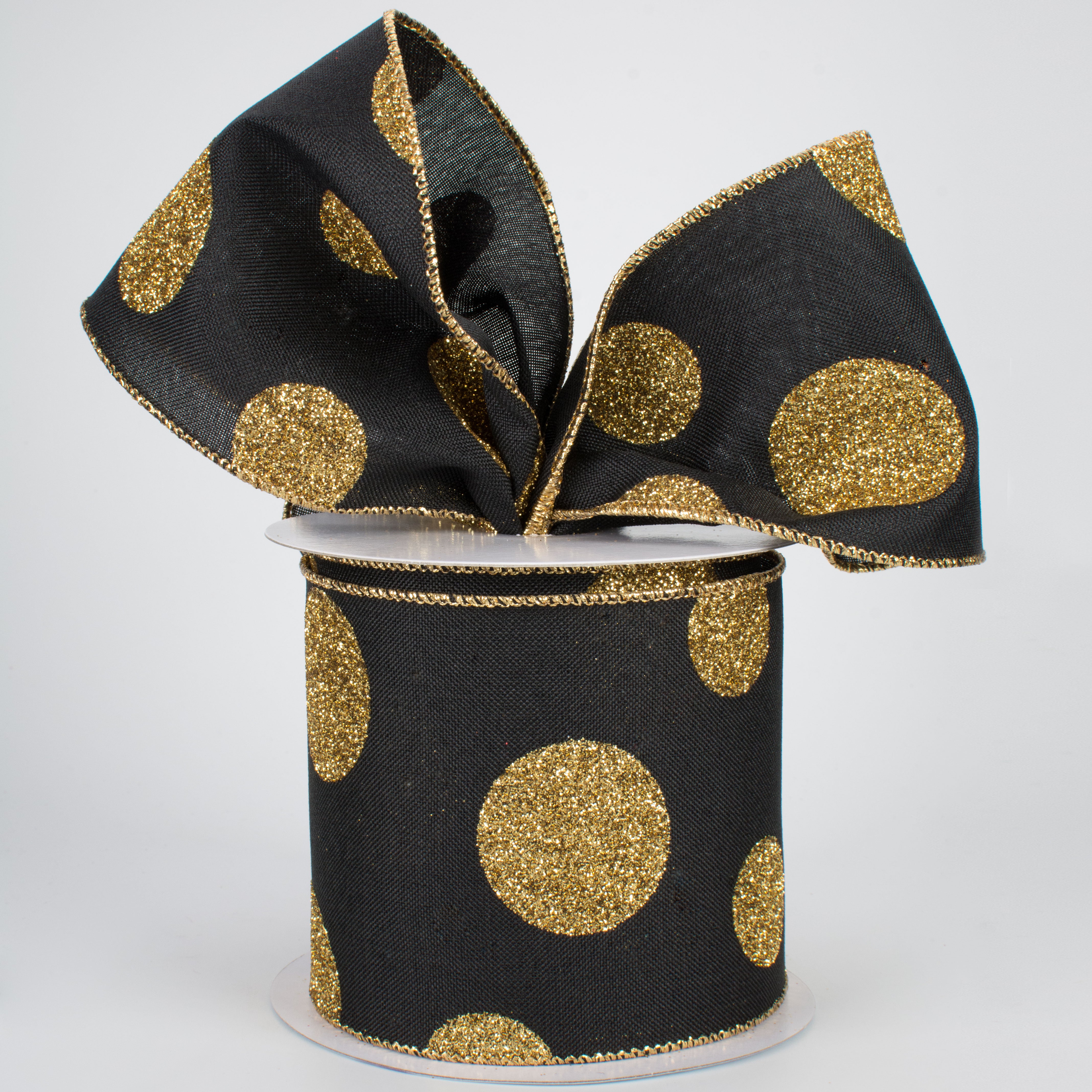 4" Multi Glitter Dots Canvas Ribbon: Gold on Black (10 Yards) Lifestyle Photo