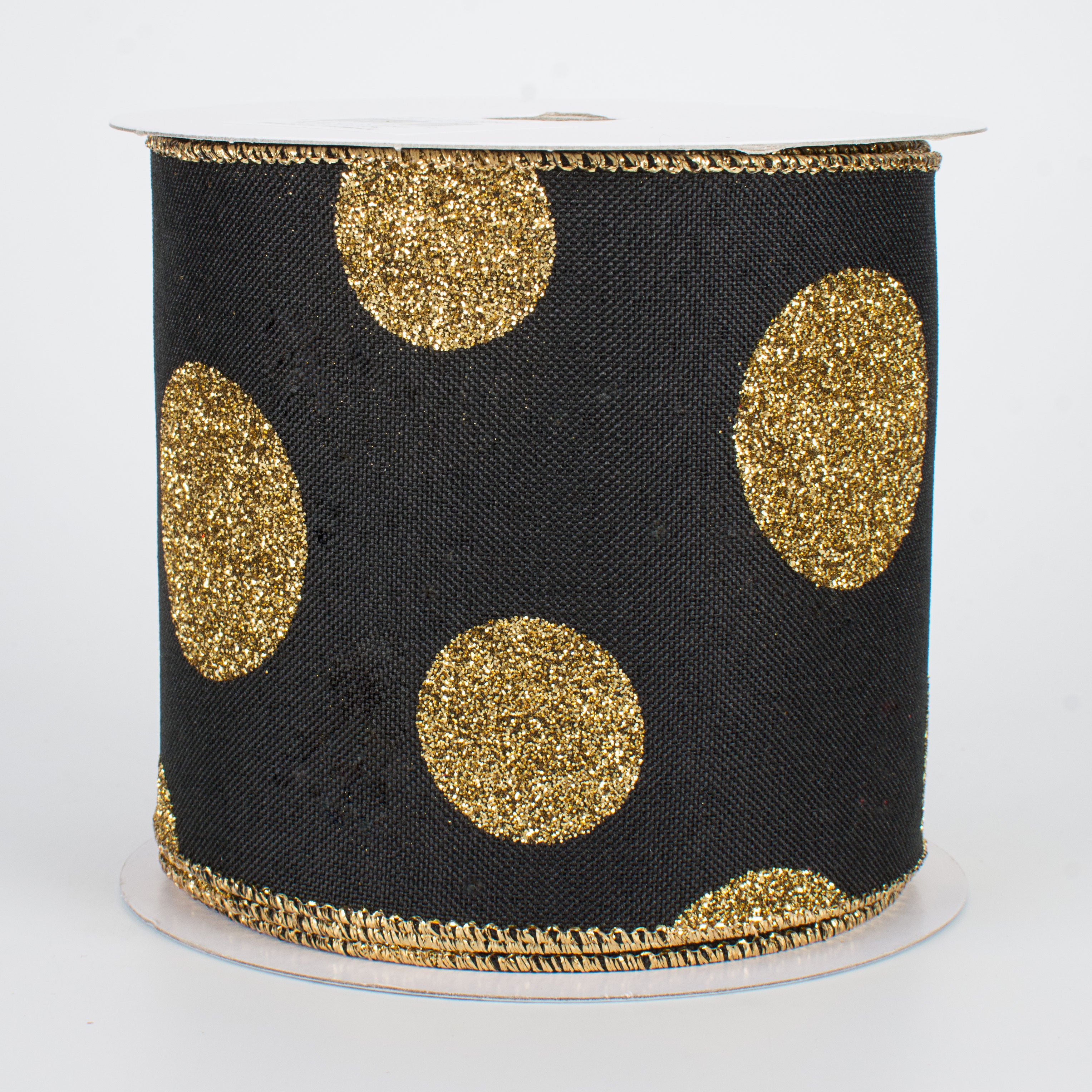 4" Multi Glitter Dots Canvas Ribbon: Gold on Black (10 Yards)