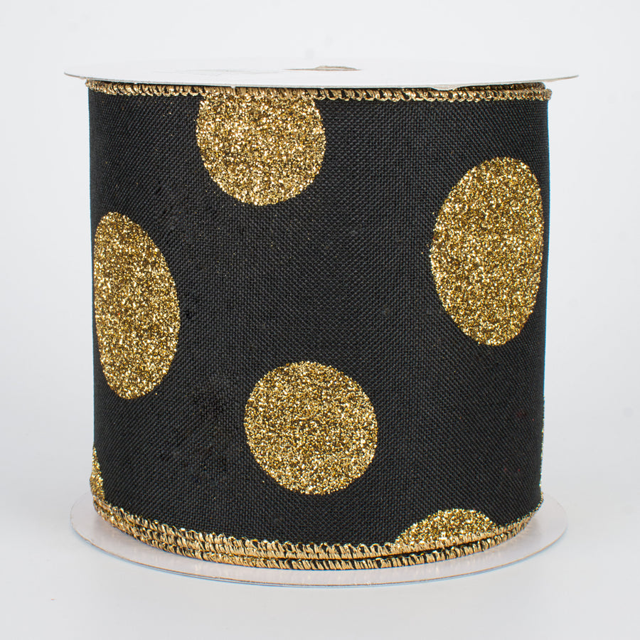 4" Multi Glitter Dots Canvas Ribbon: Gold on Black (10 Yards)