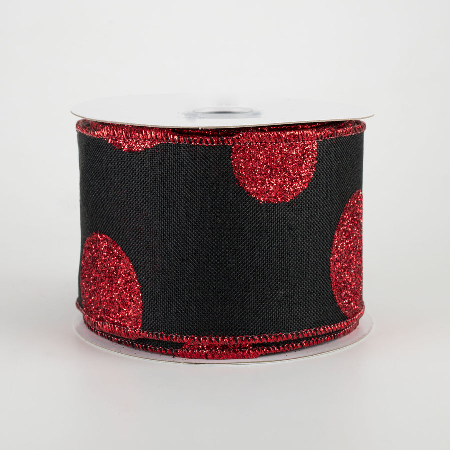 2.5" Multi Glitter Dots Canvas Ribbon: Red on Black (10 Yards)