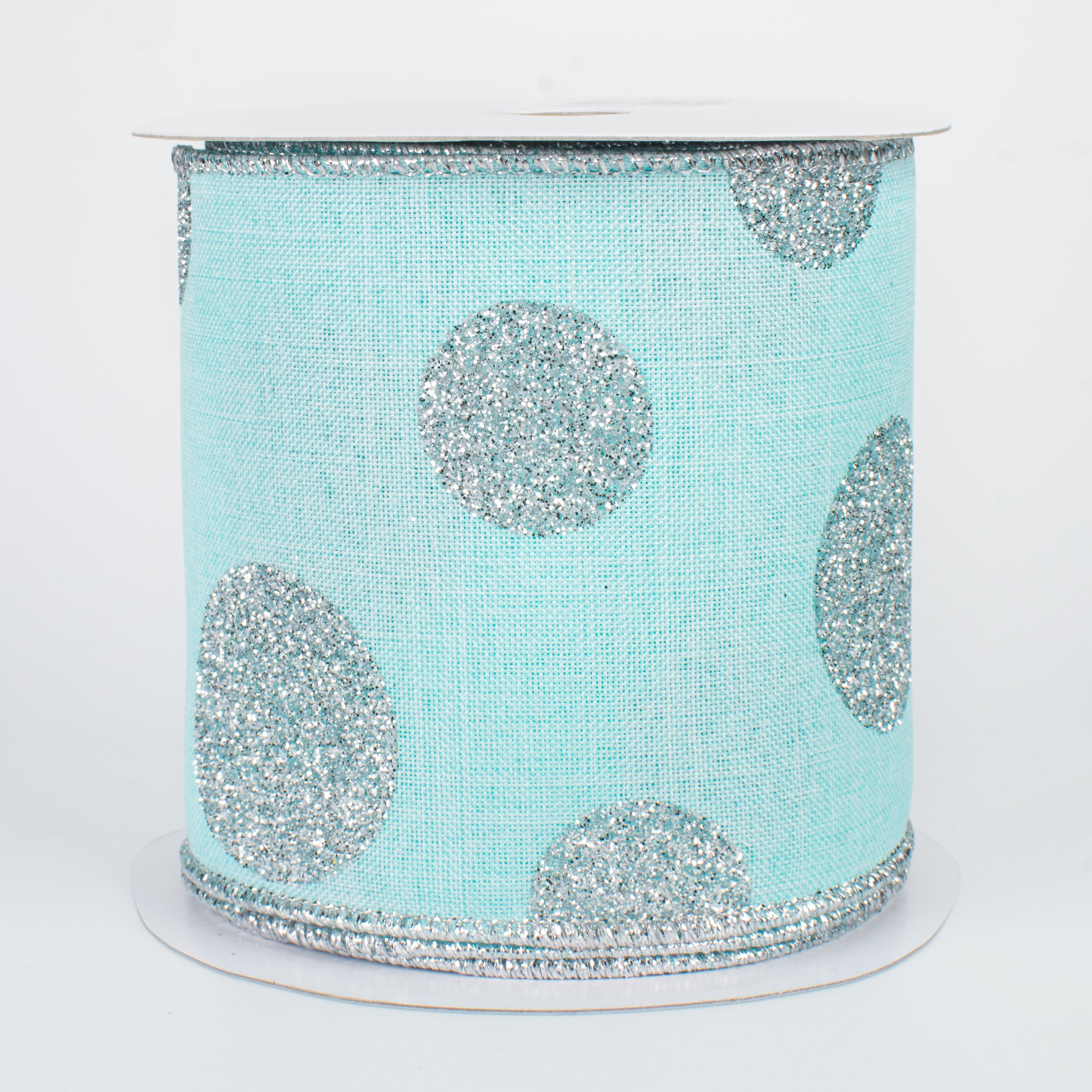 4" Multi Glitter Dots Canvas Ribbon: Silver on Ice Blue (10 Yards)