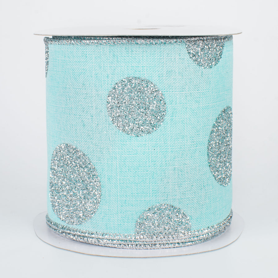 4" Multi Glitter Dots Canvas Ribbon: Silver on Ice Blue (10 Yards)