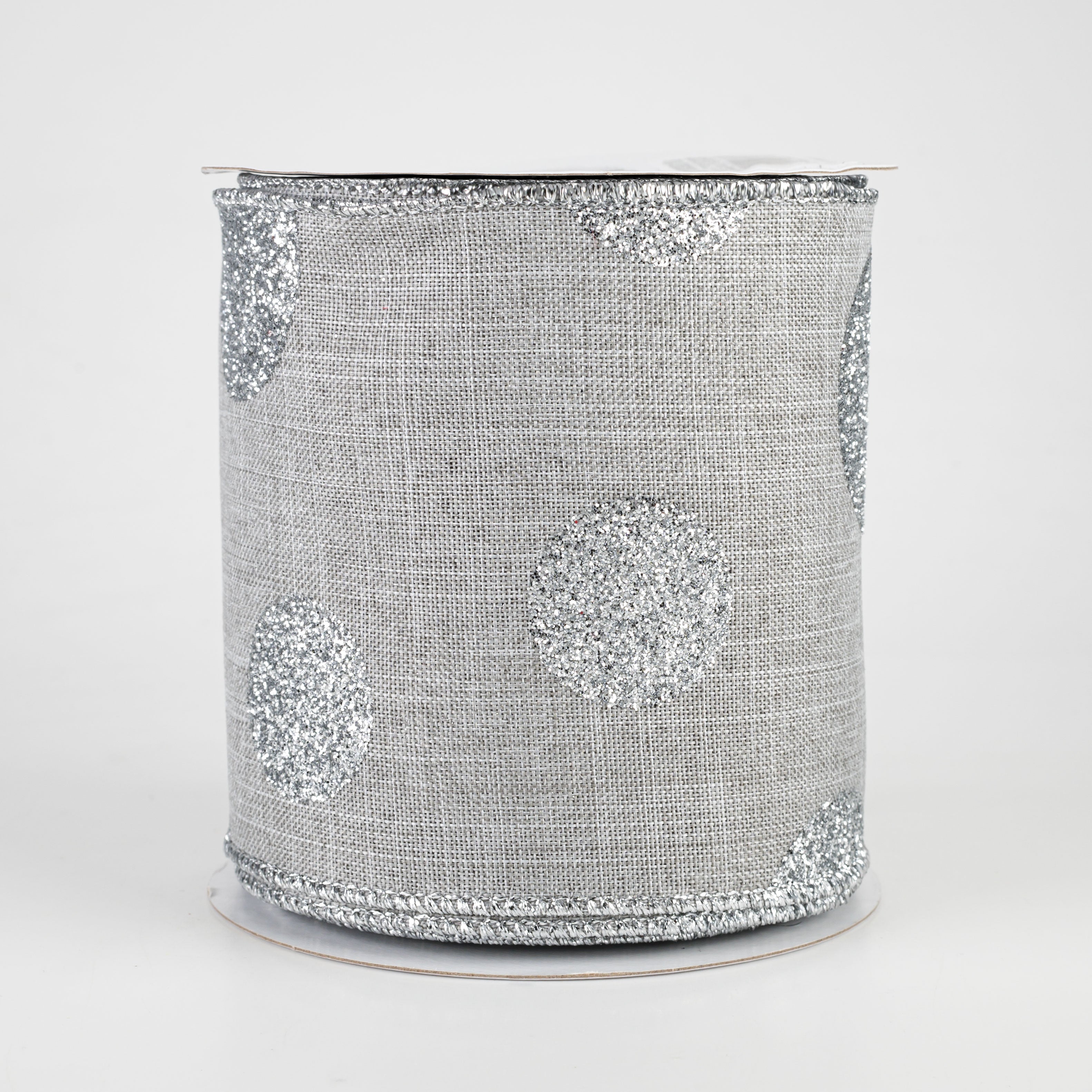 4" Multi Glitter Dots Canvas Ribbon: Silver on Light Grey (10 Yards)