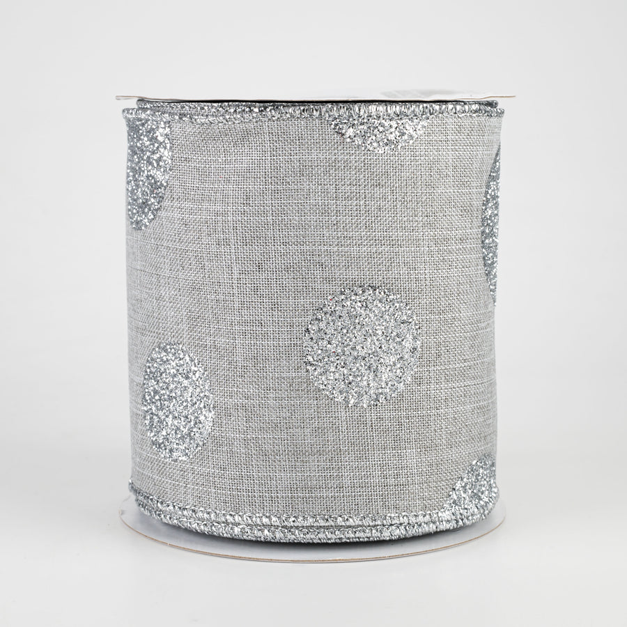 4" Multi Glitter Dots Canvas Ribbon: Silver on Light Grey (10 Yards)