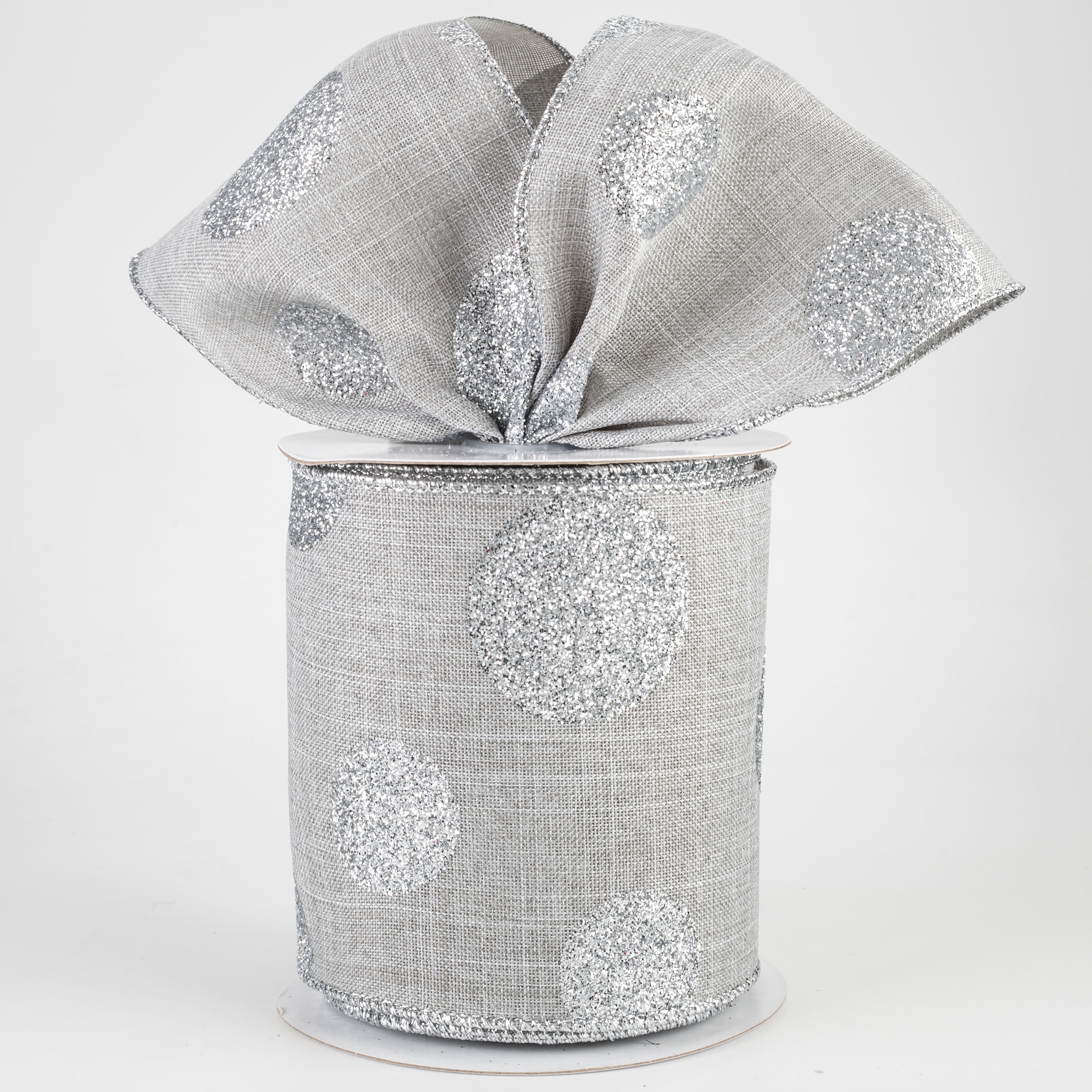 4" Multi Glitter Dots Canvas Ribbon: Silver on Light Grey (10 Yards) Lifestyle Photo