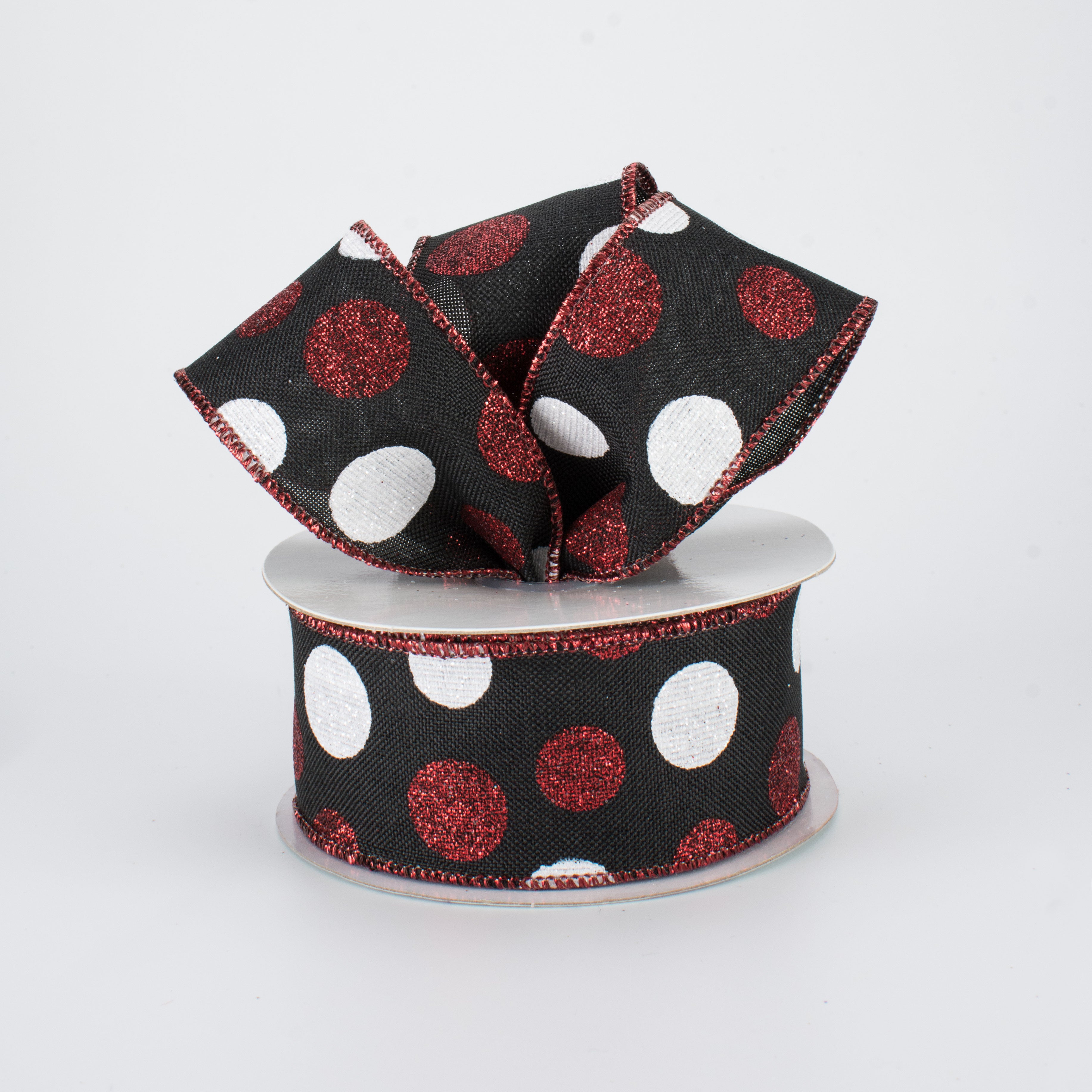 1.5" Multi Glitter Dots Ribbon: Black, Red, White (10 Yards) Lifestyle Photo