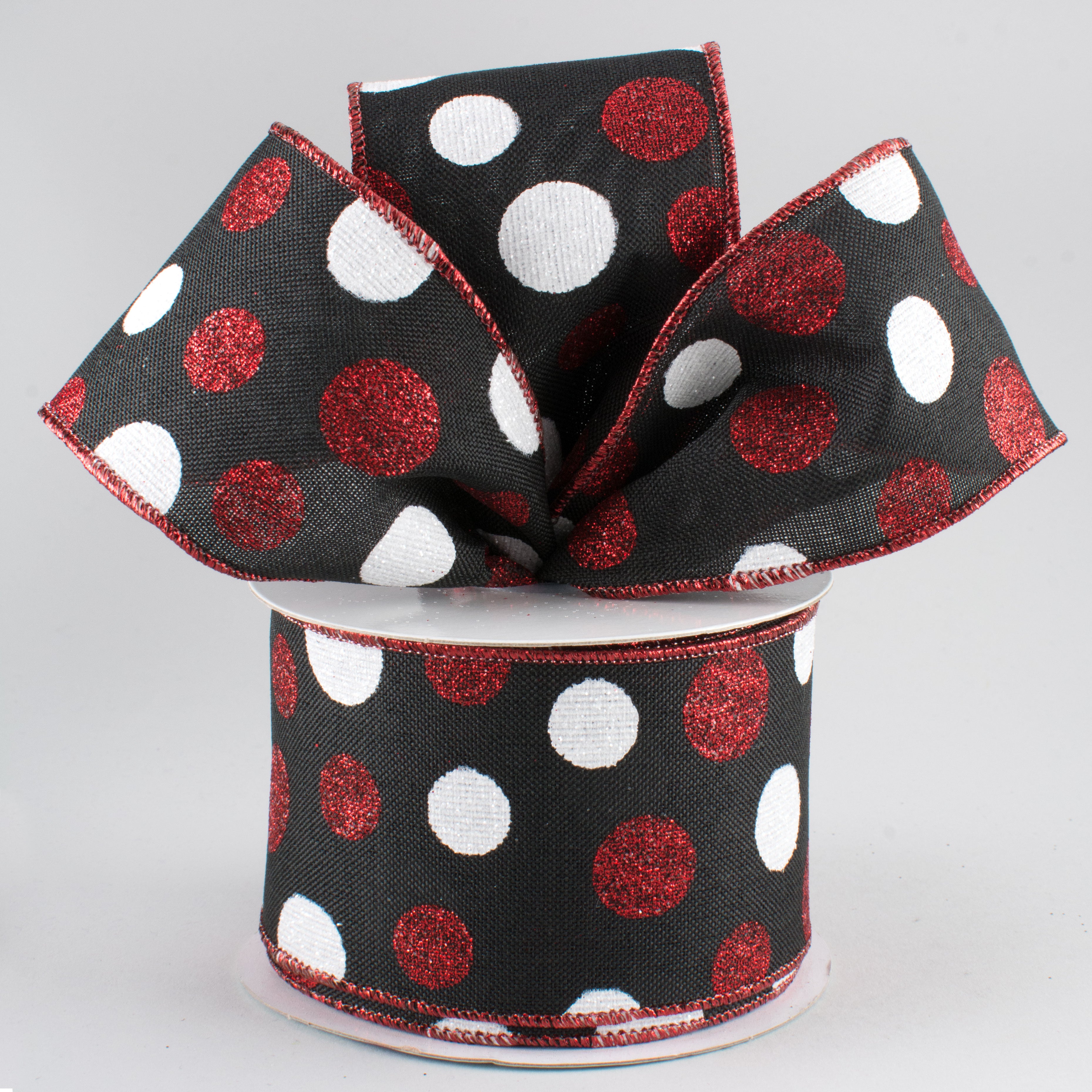 2.5" Multi Glitter Dots Ribbon: Black, Red, White (10 Yards) Lifestyle Photo