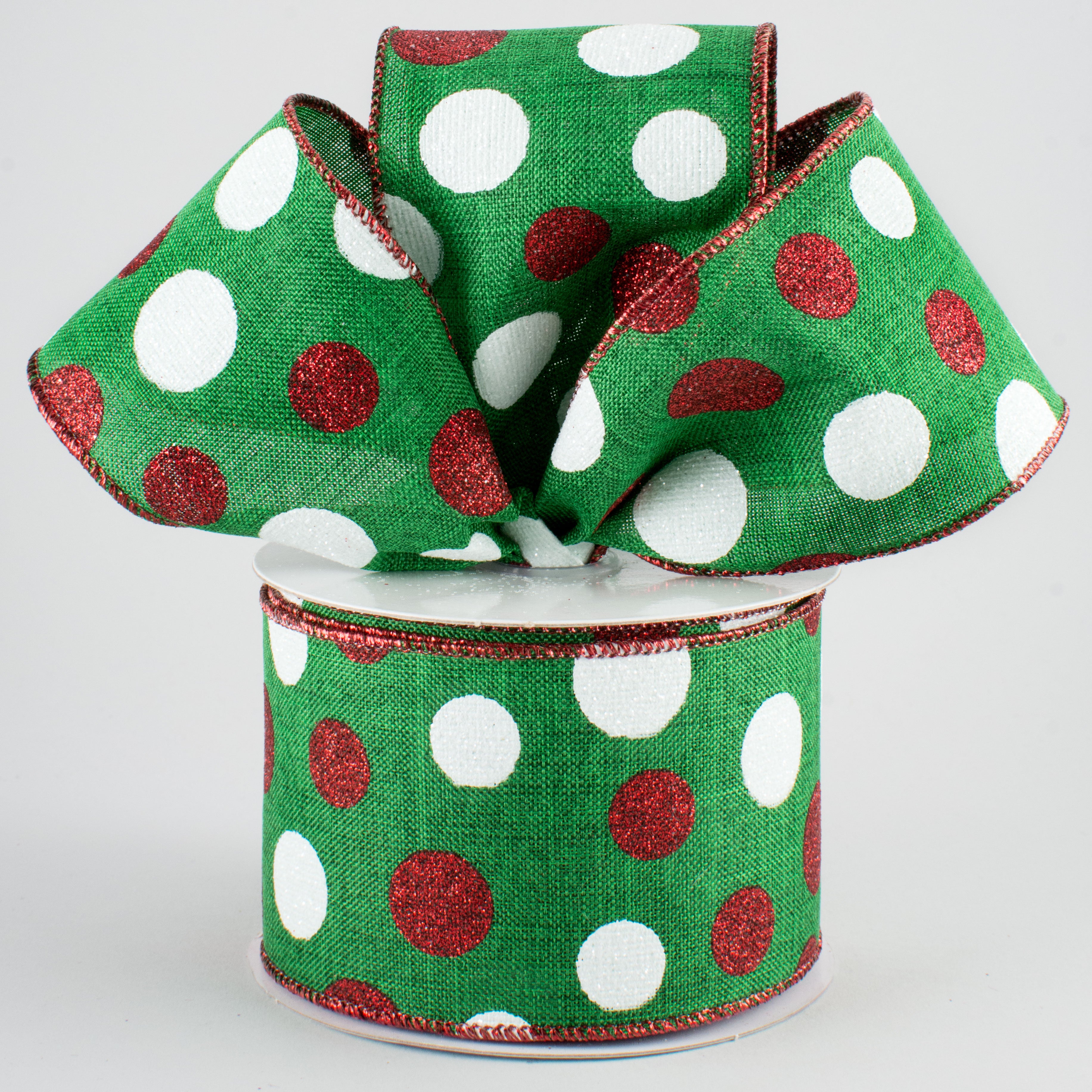 2.5" Multi Glitter Dots Ribbon: Emerald, Red, White (10 Yards) Lifestyle Photo