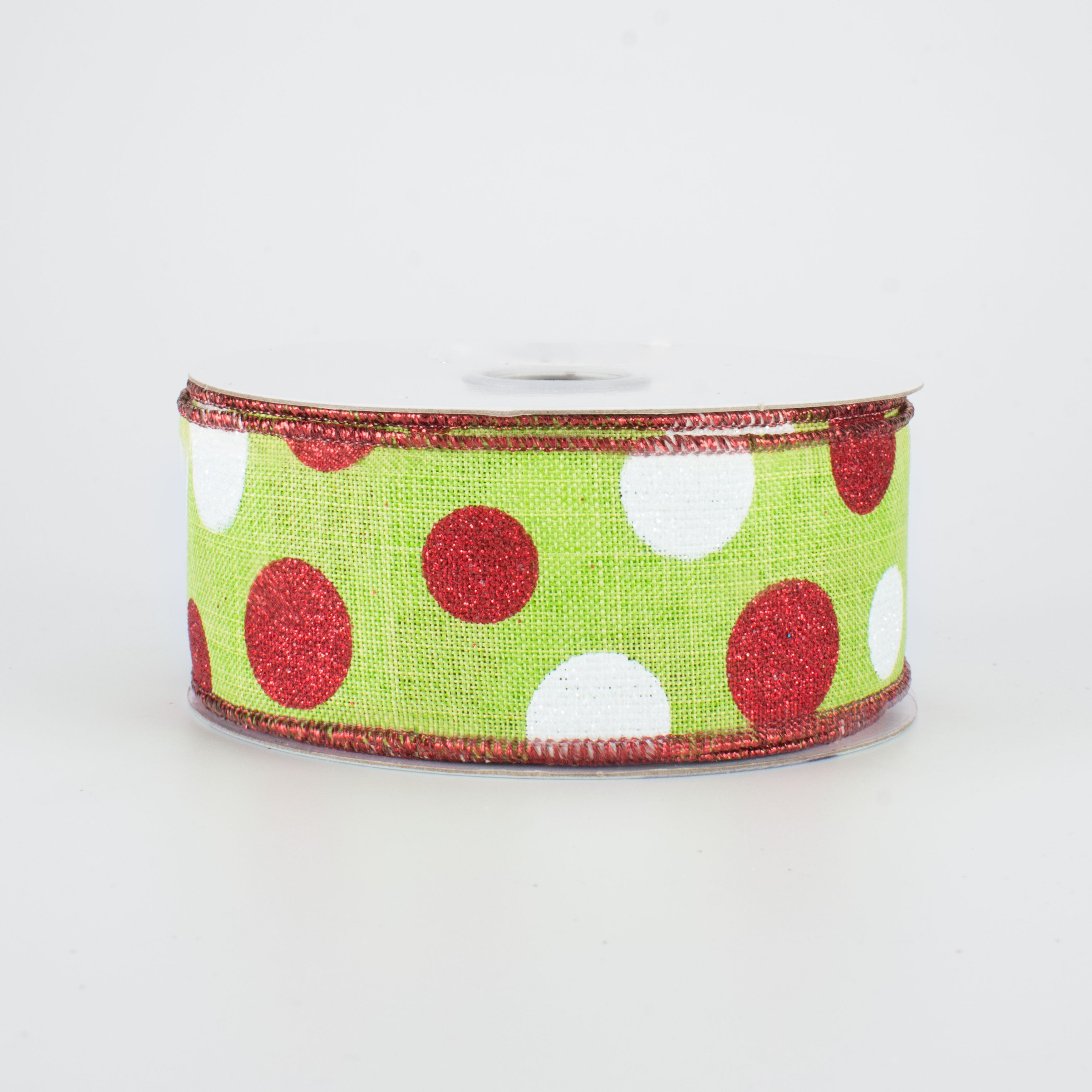 1.5" Multi Glitter Dots Ribbon: Lime, Red, White (10 Yards)