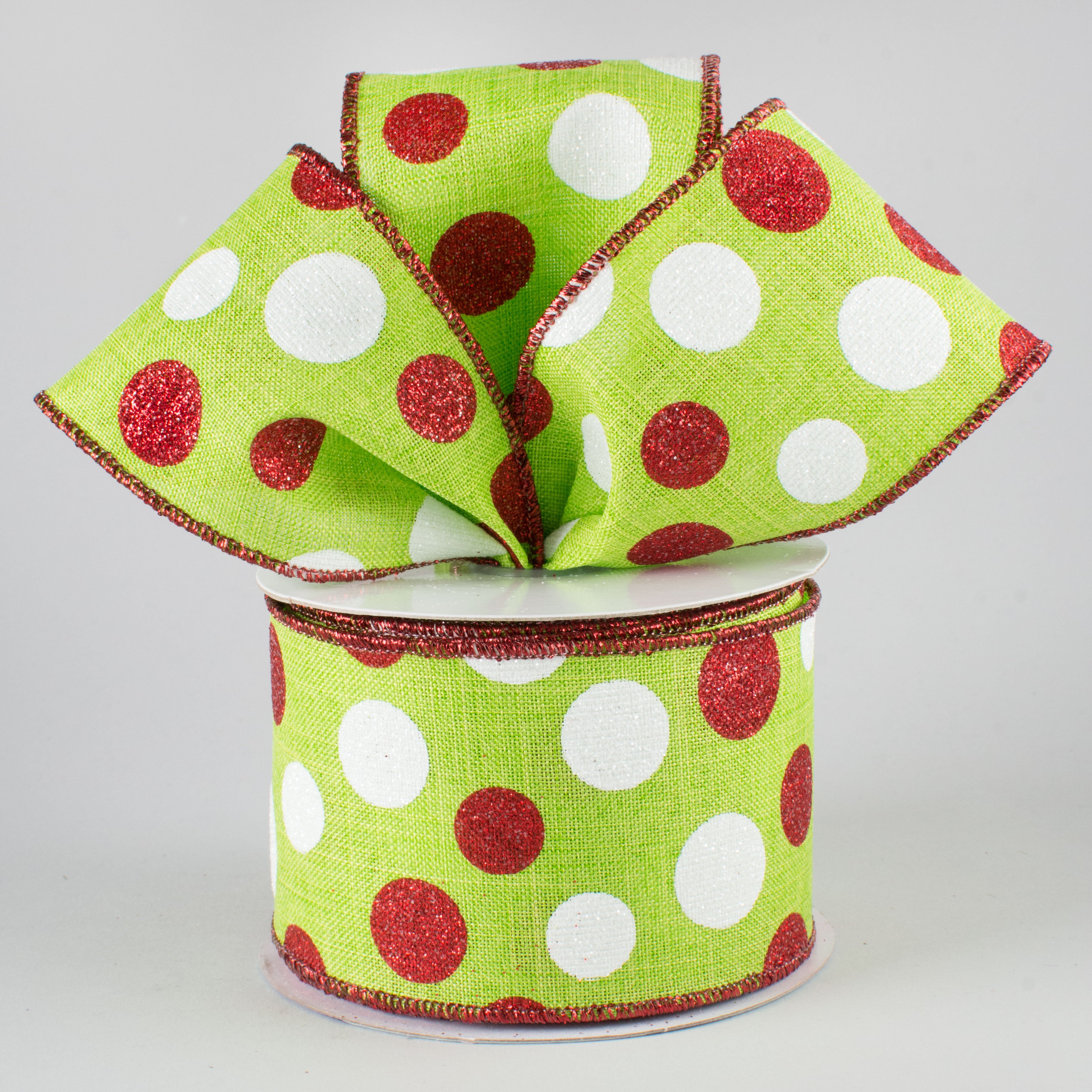 2.5" Multi Glitter Dots Ribbon: Lime, Red, White (10 Yards) Lifestyle Photo