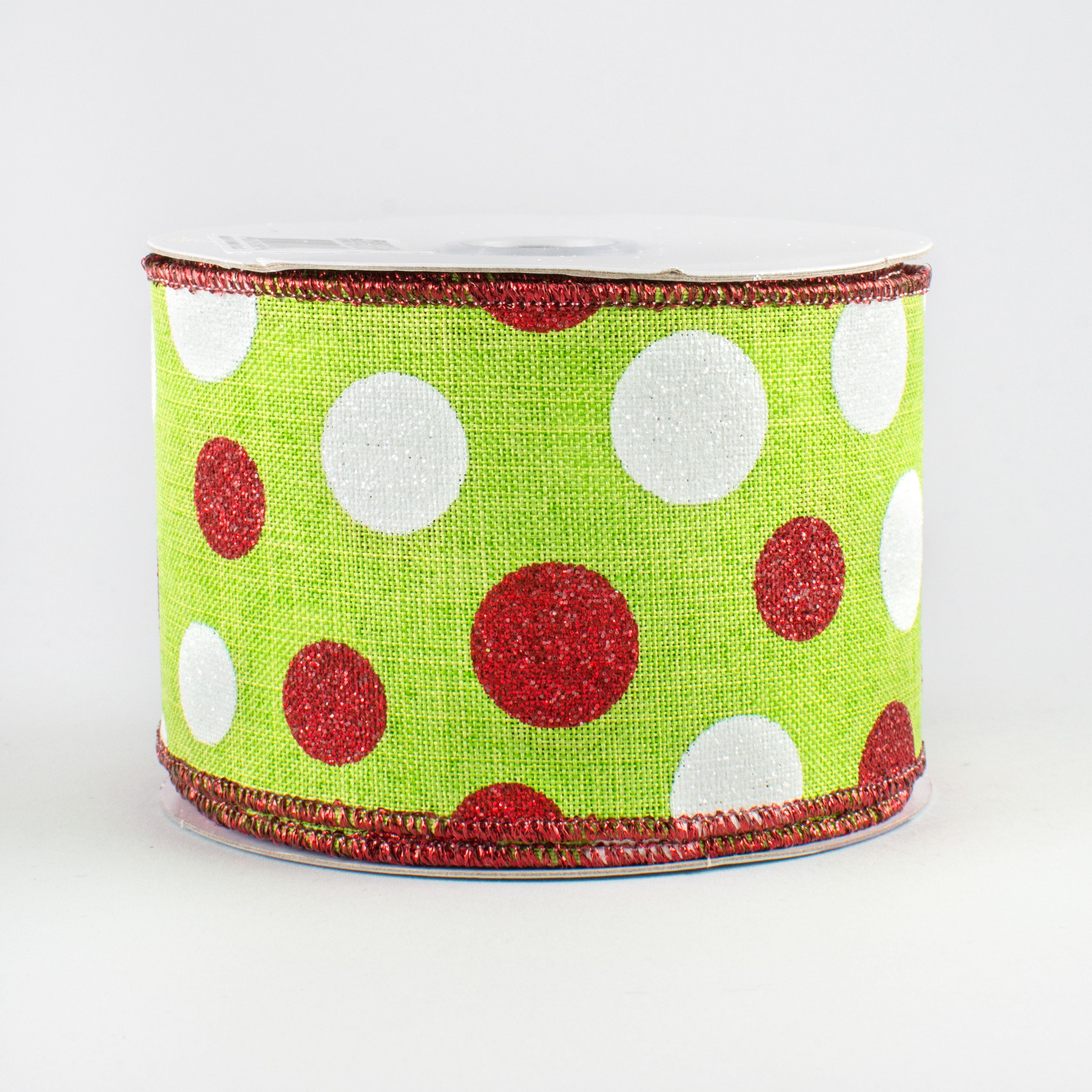 2.5" Multi Glitter Dots Ribbon: Lime, Red, White (10 Yards)
