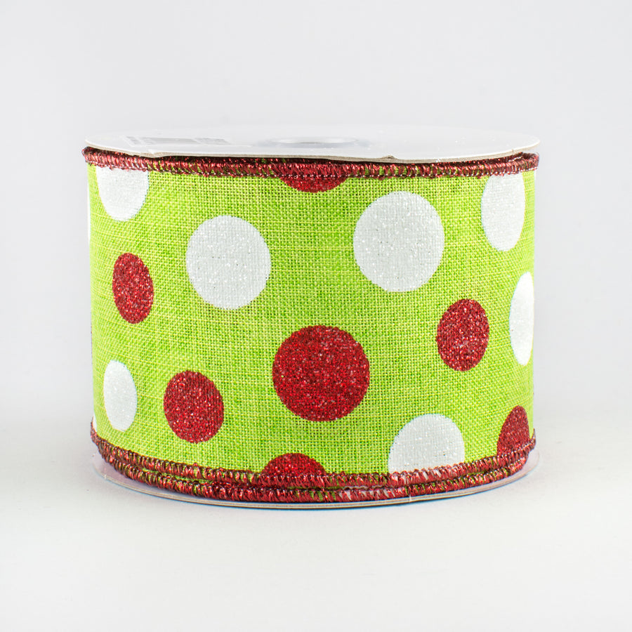 2.5" Multi Glitter Dots Ribbon: Lime, Red, White (10 Yards)