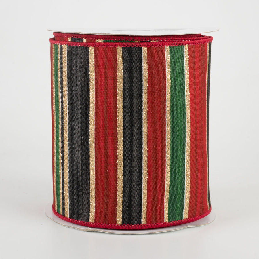 4" Multi Width Horizontal Stripe Ribbon: Gold, Red, Black, Emerald (10 Yards)
