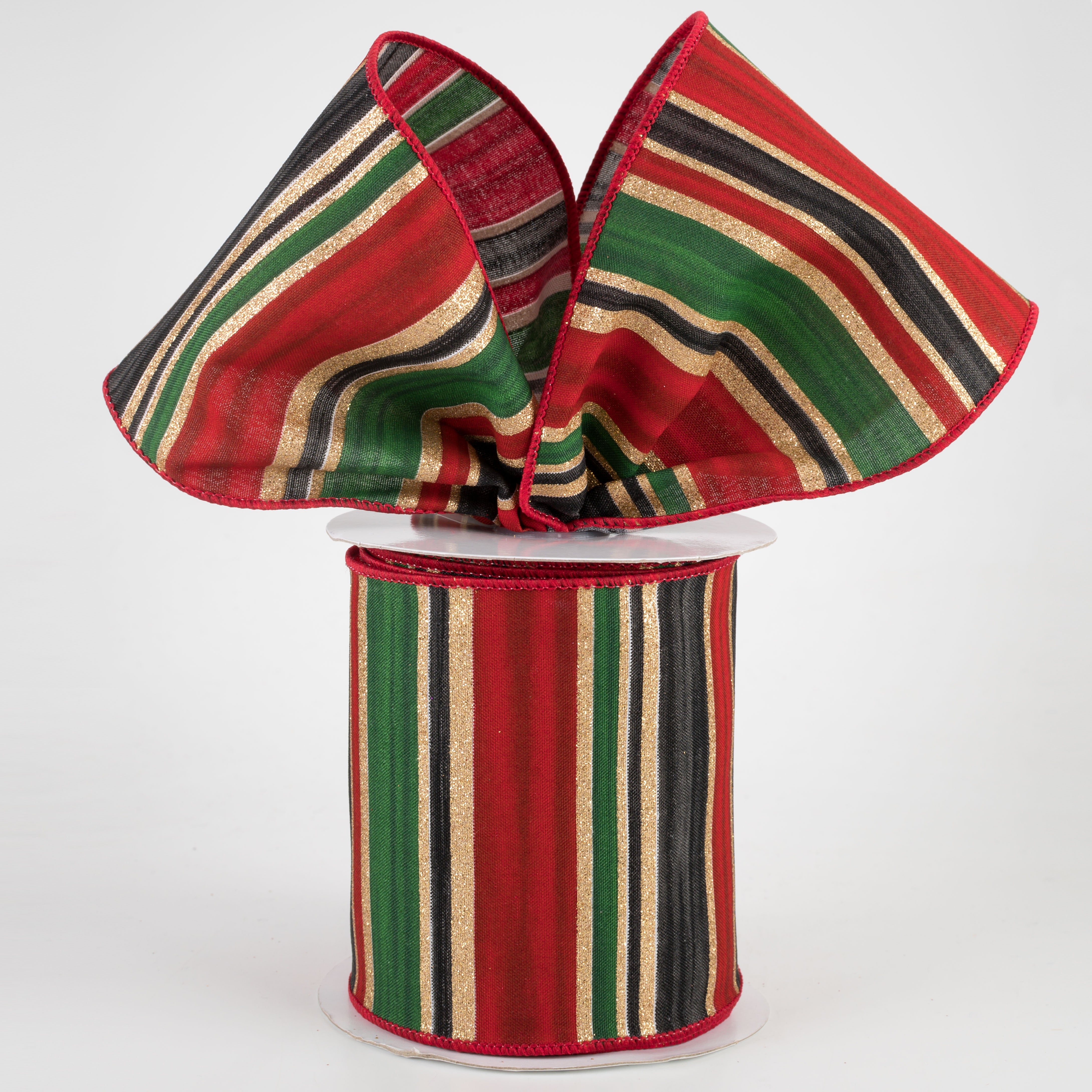 4" Multi Width Horizontal Stripe Ribbon: Gold, Red, Black, Emerald (10 Yards) Lifestyle Photo