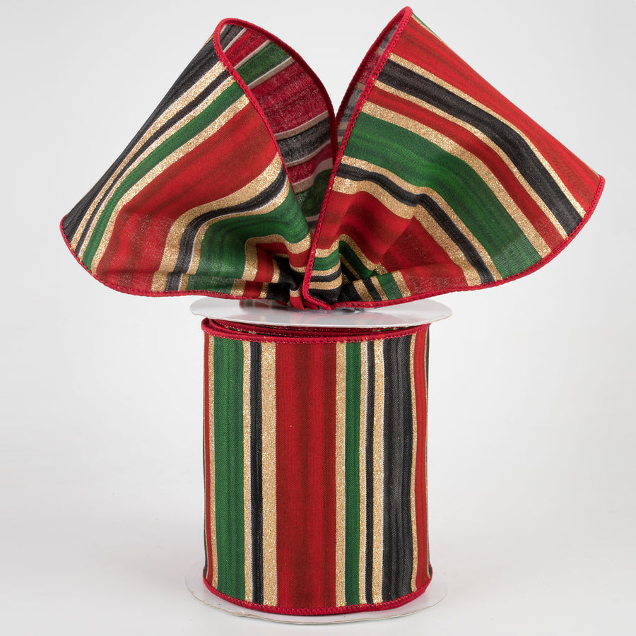 4" Multi Width Horizontal Stripe Ribbon: Gold, Red, Black, Emerald (10 Yards) Lifestyle Photo