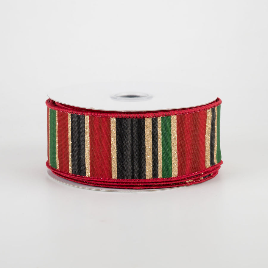 1.5" Multi Width Horizontal Stripe Ribbon: Gold, Red, Black, Emerald (10 Yards)
