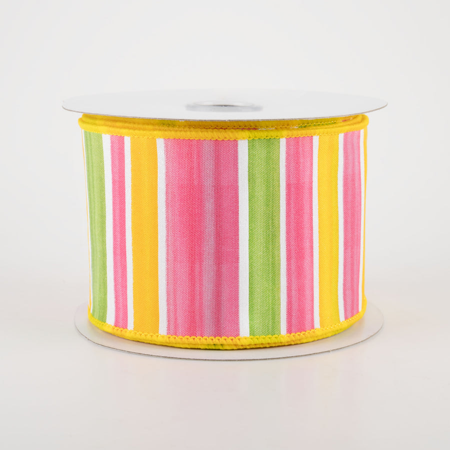 2.5" Multi Width Horizontal Stripe Ribbon: White, Green, Pink, Yellow (10 Yards)