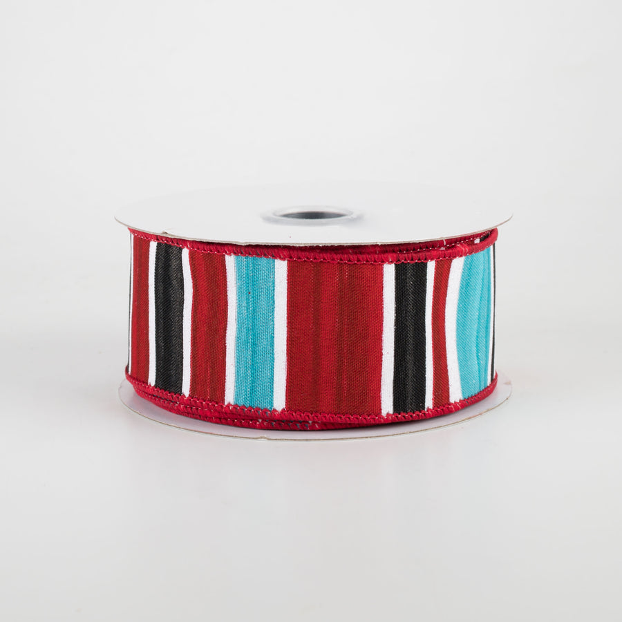 1.5" Multi Width Horizontal Stripe Ribbon: White, Red, Black, Ice Blue (10 Yards)