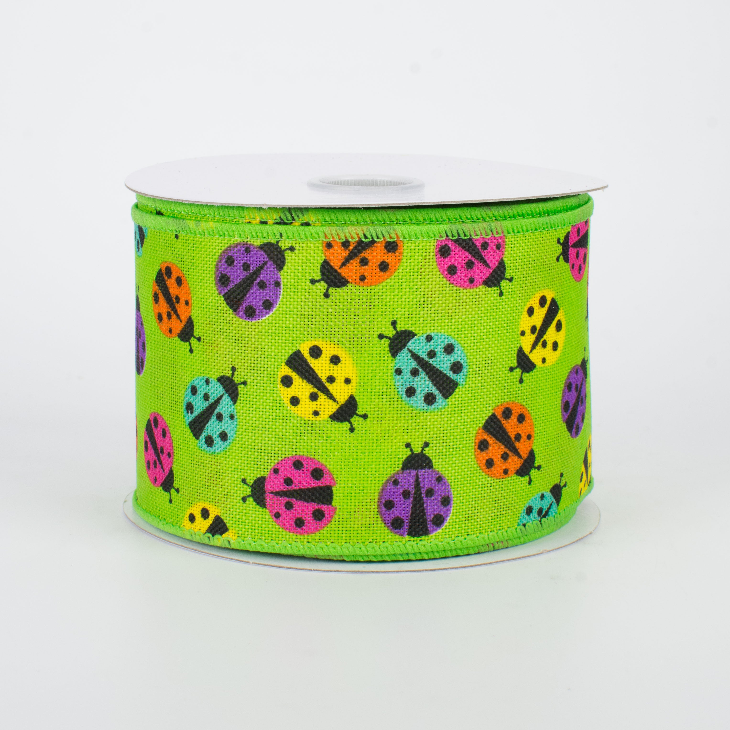 2.5" Multicolored Ladybug Ribbon: Lime (10 Yards)