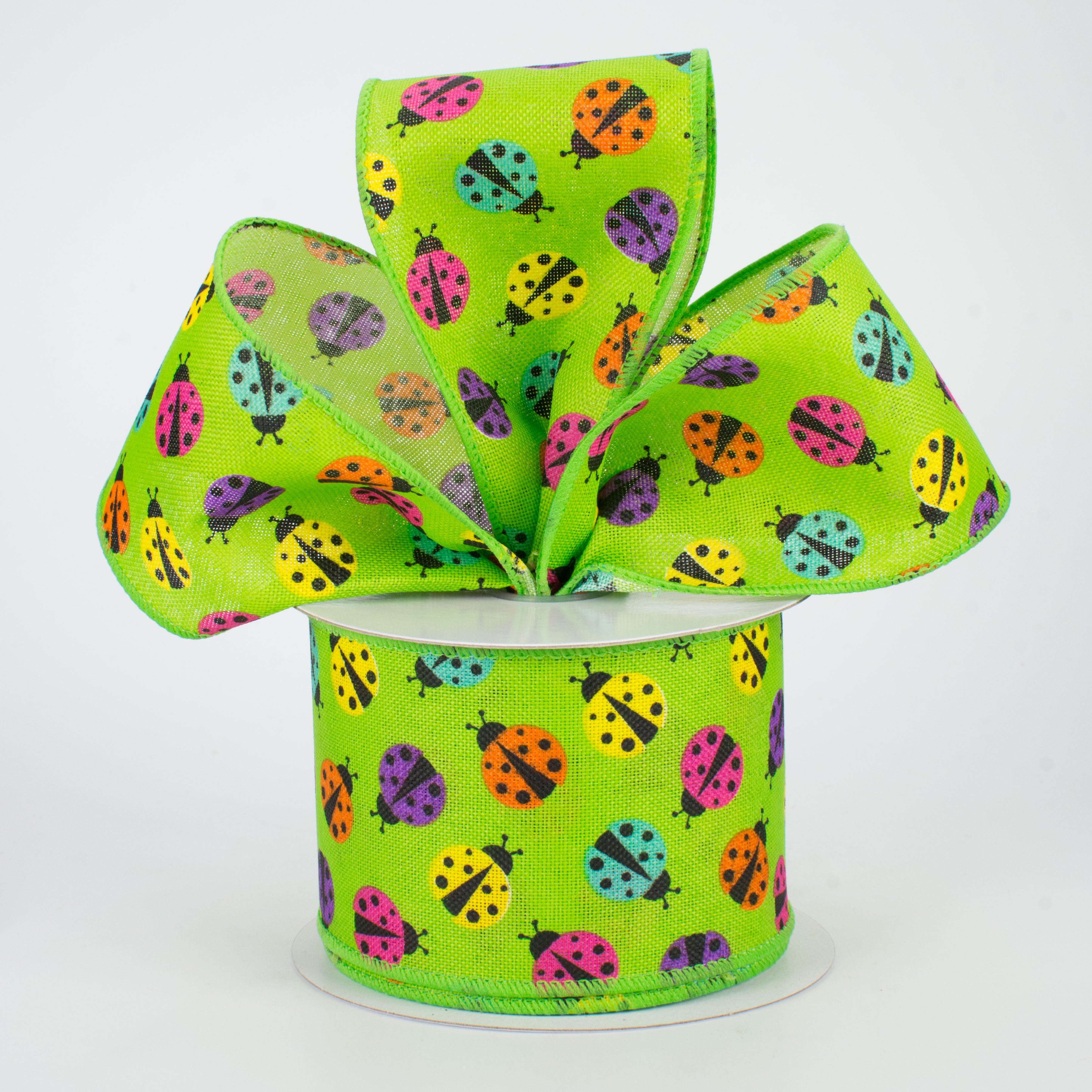 2.5" Multicolored Ladybug Ribbon: Lime (10 Yards) Lifestyle Photo