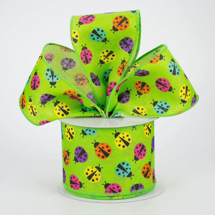 2.5" Multicolored Ladybug Ribbon: Lime (10 Yards) Lifestyle Photo