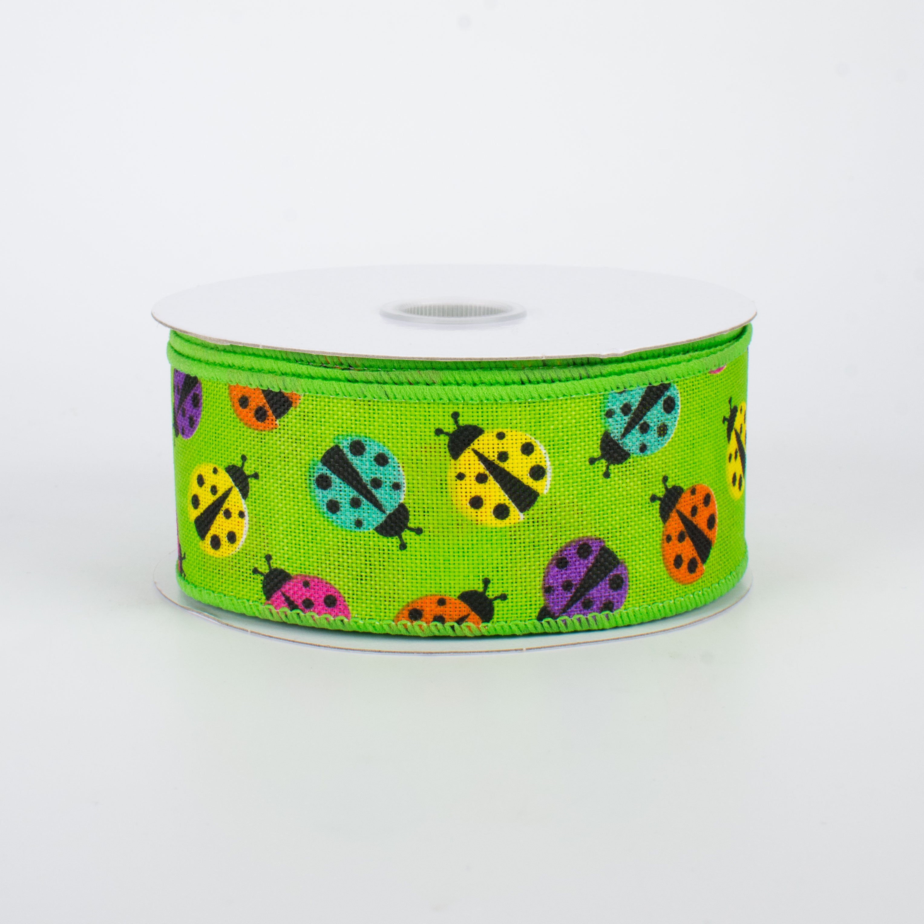 1.5" Multicolored Ladybug Ribbon: Lime (10 Yards)