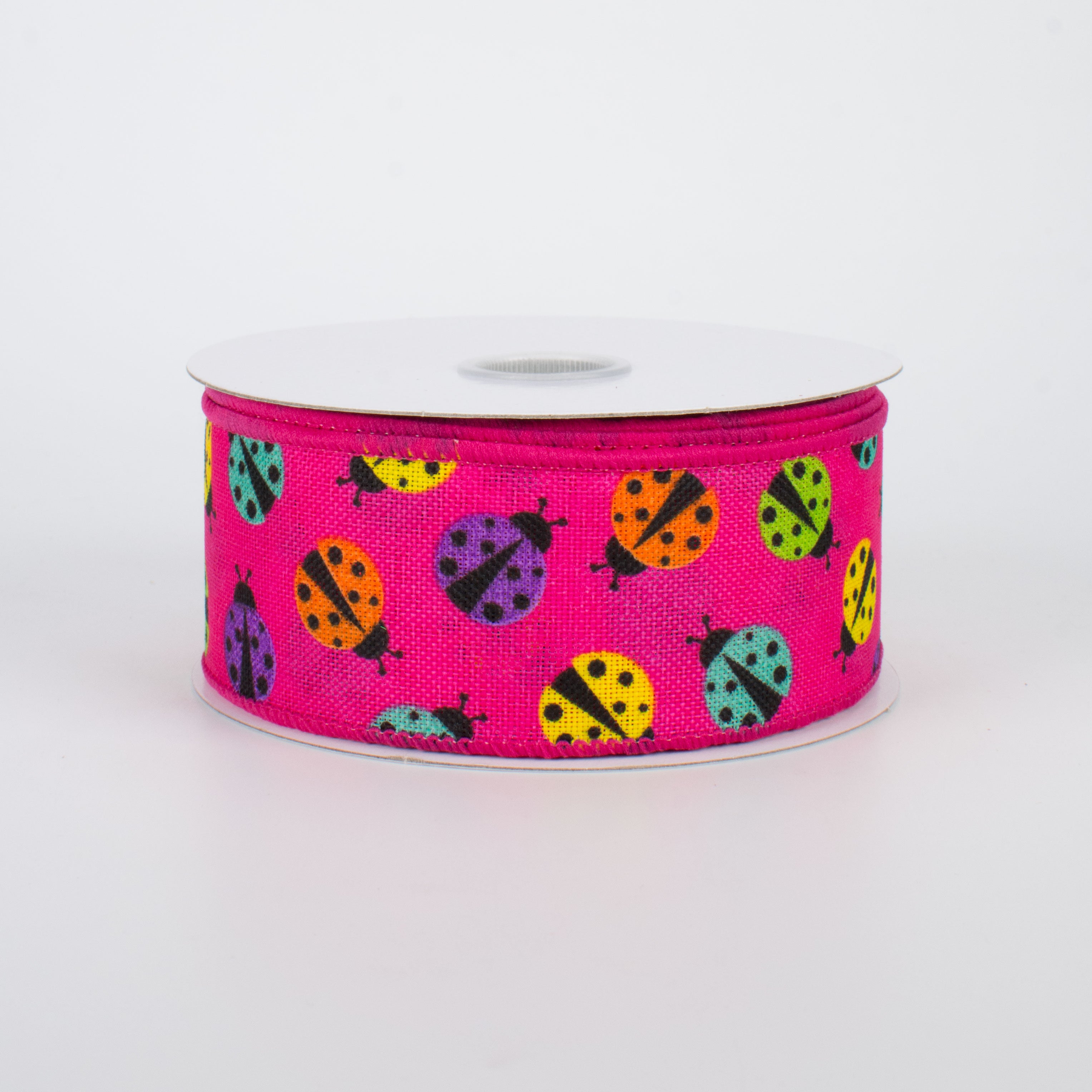 1.5" Multicolored Ladybug Ribbon: Pink (10 Yards)