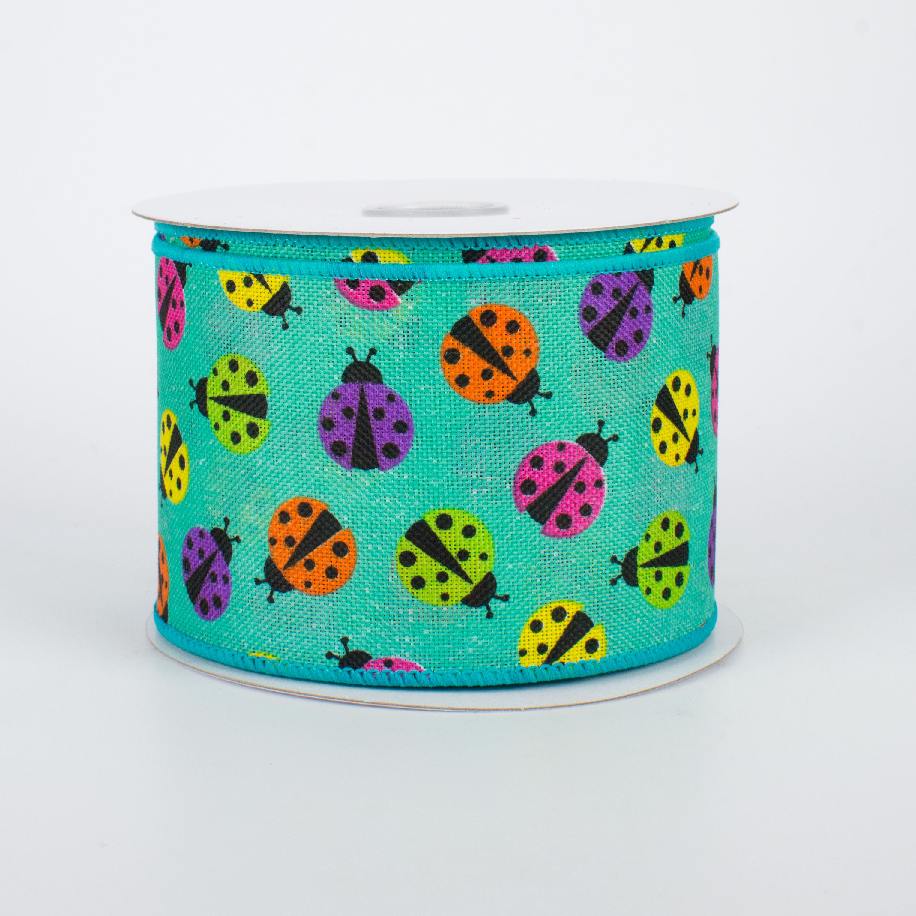 2.5" Multicolored Ladybug Ribbon: Teal (10 Yards)