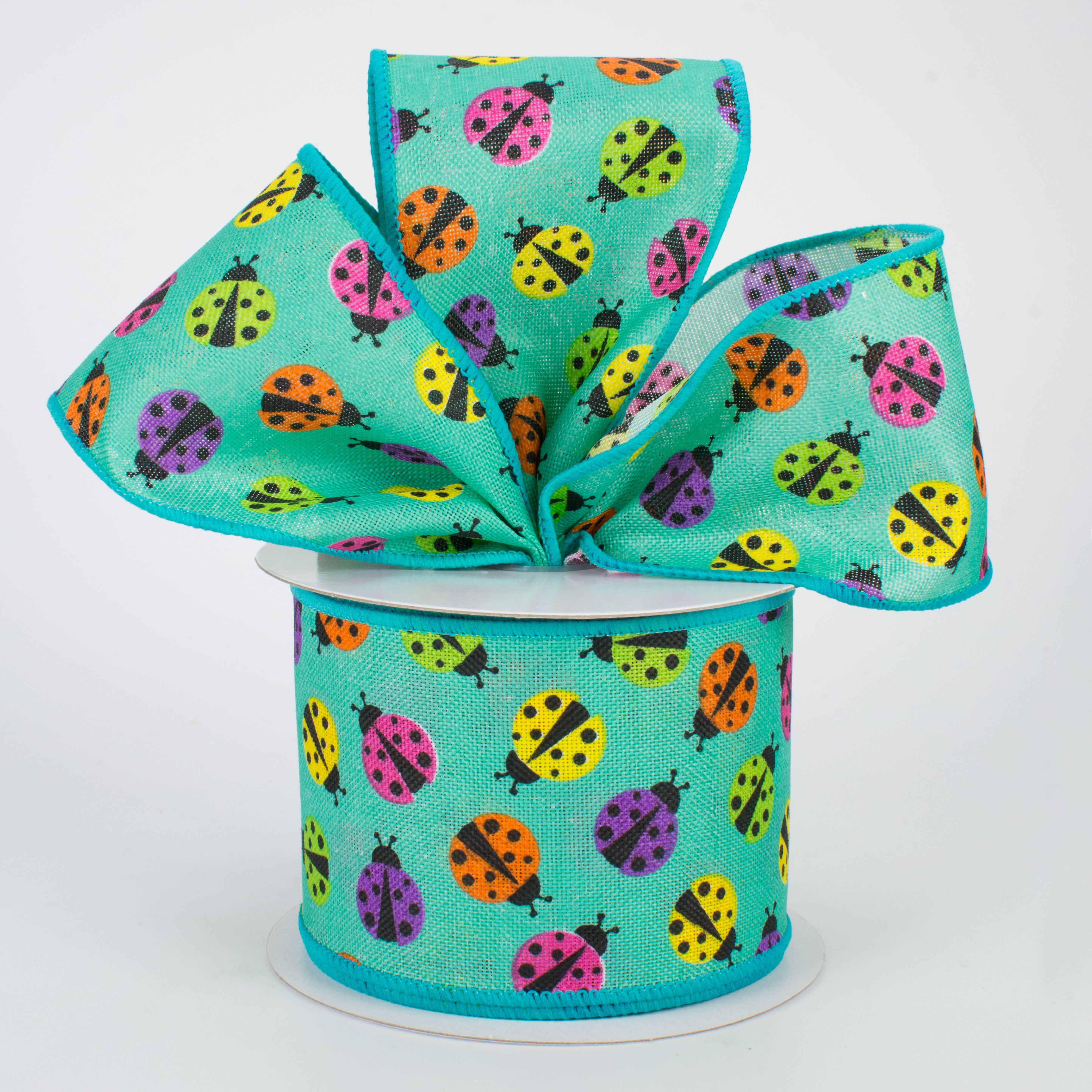 2.5" Multicolored Ladybug Ribbon: Teal (10 Yards) Lifestyle Photo