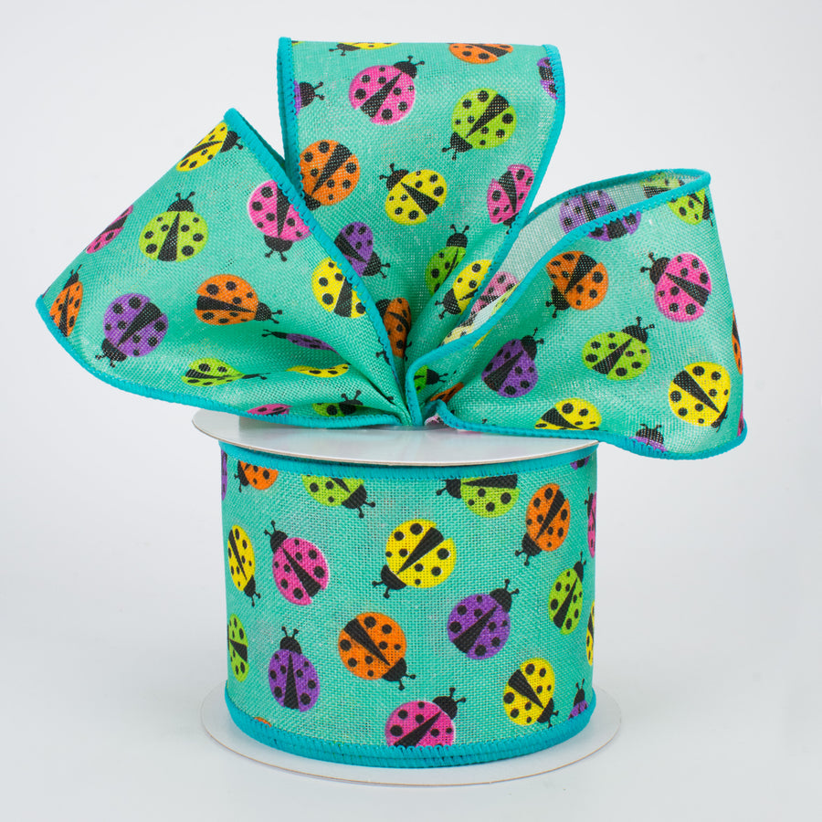 2.5" Multicolored Ladybug Ribbon: Teal (10 Yards) Lifestyle Photo