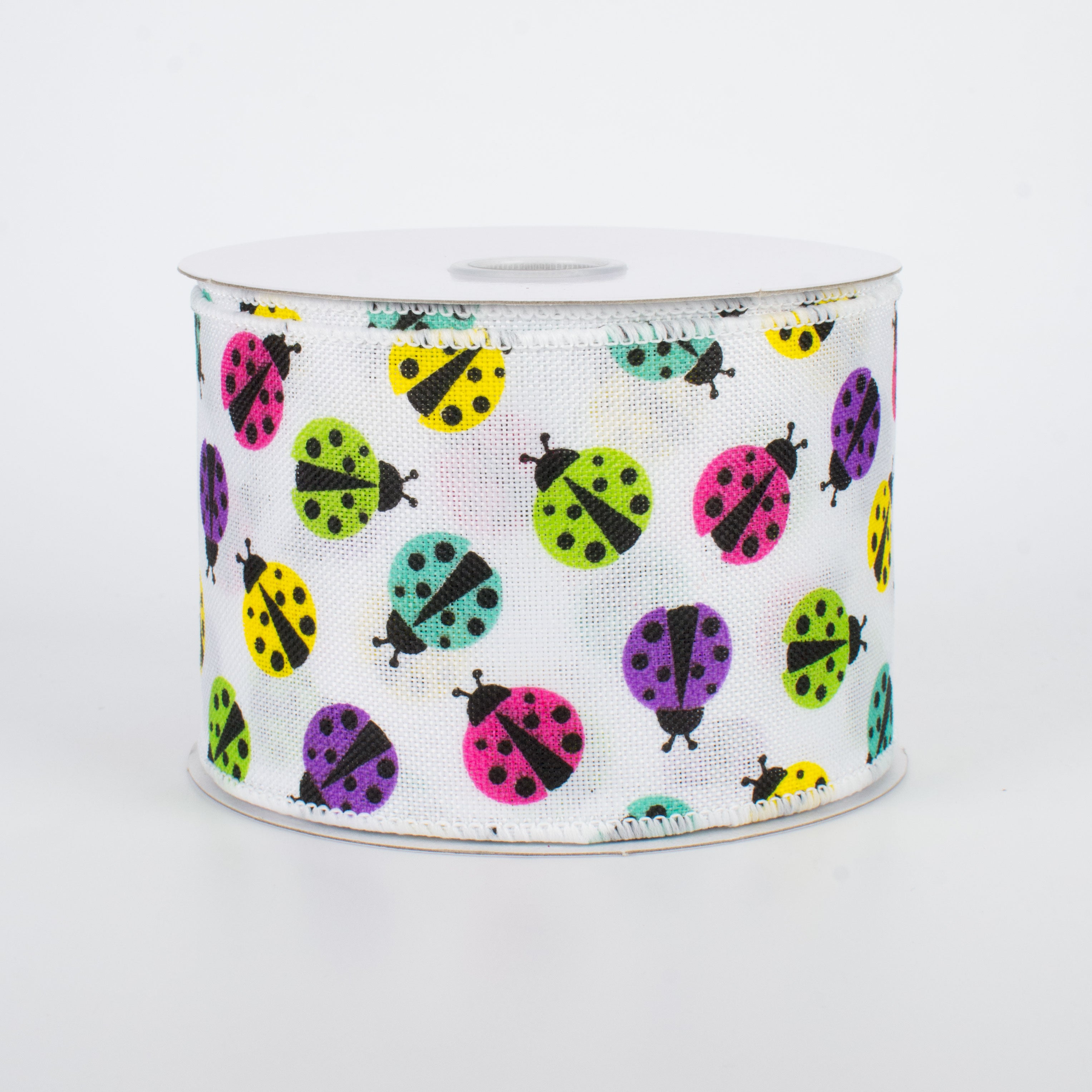 2.5" Multicolored Ladybug Ribbon: White (10 Yards)