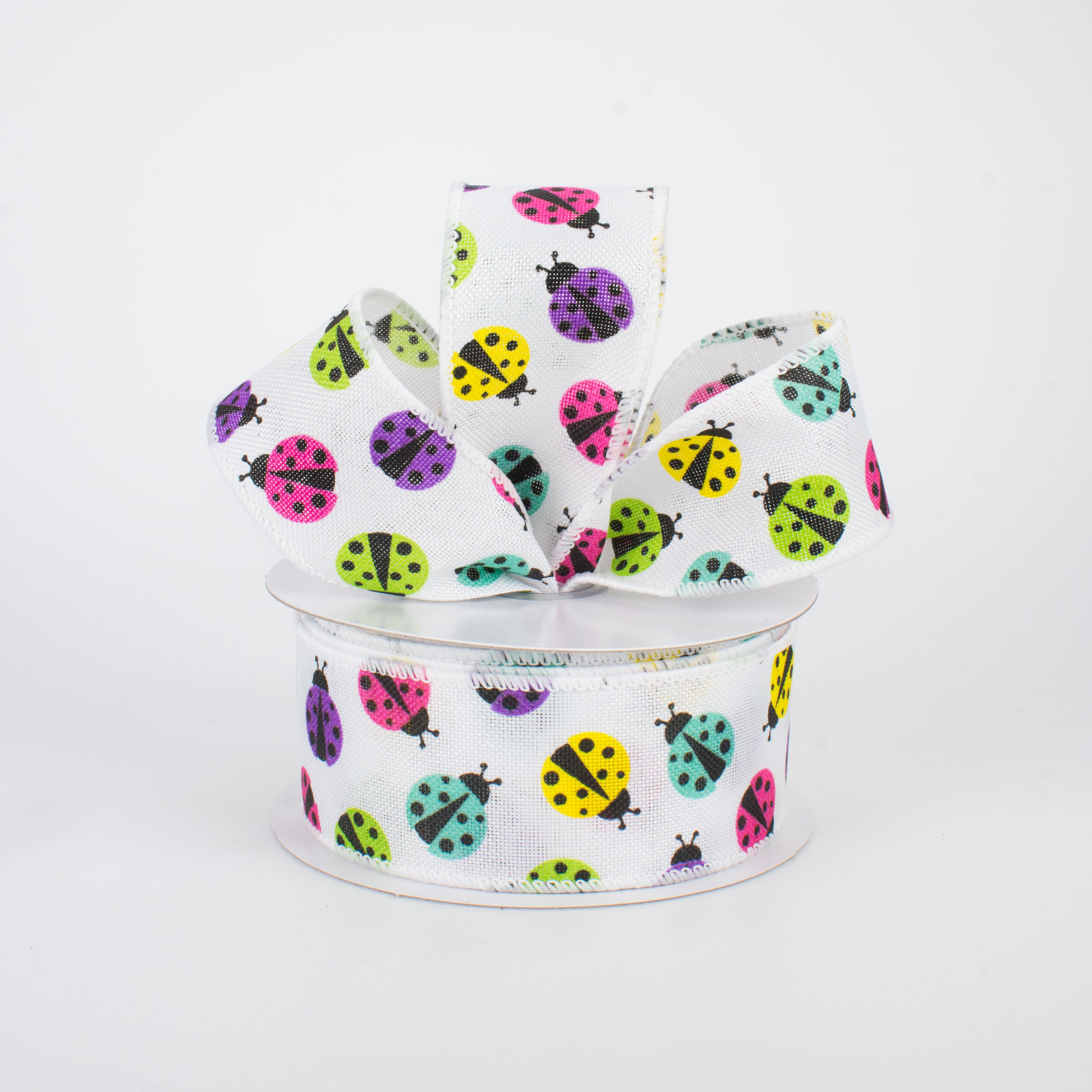 1.5" Multicolored Ladybug Ribbon: White (10 Yards) Lifestyle Photo