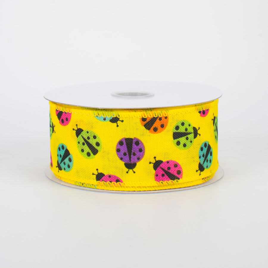 1.5" Multicolored Ladybug Ribbon: Yellow (10 Yards)