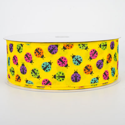 2.5" Multicolored Ladybugs Ribbon: Yellow (50 Yards)