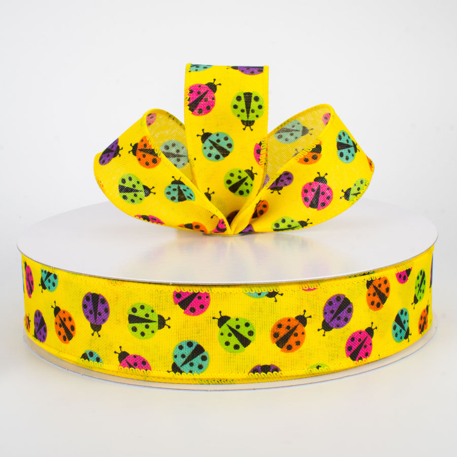 1.5" Multicolored Ladybugs Ribbon: Yellow (50 Yards) Lifestyle Photo