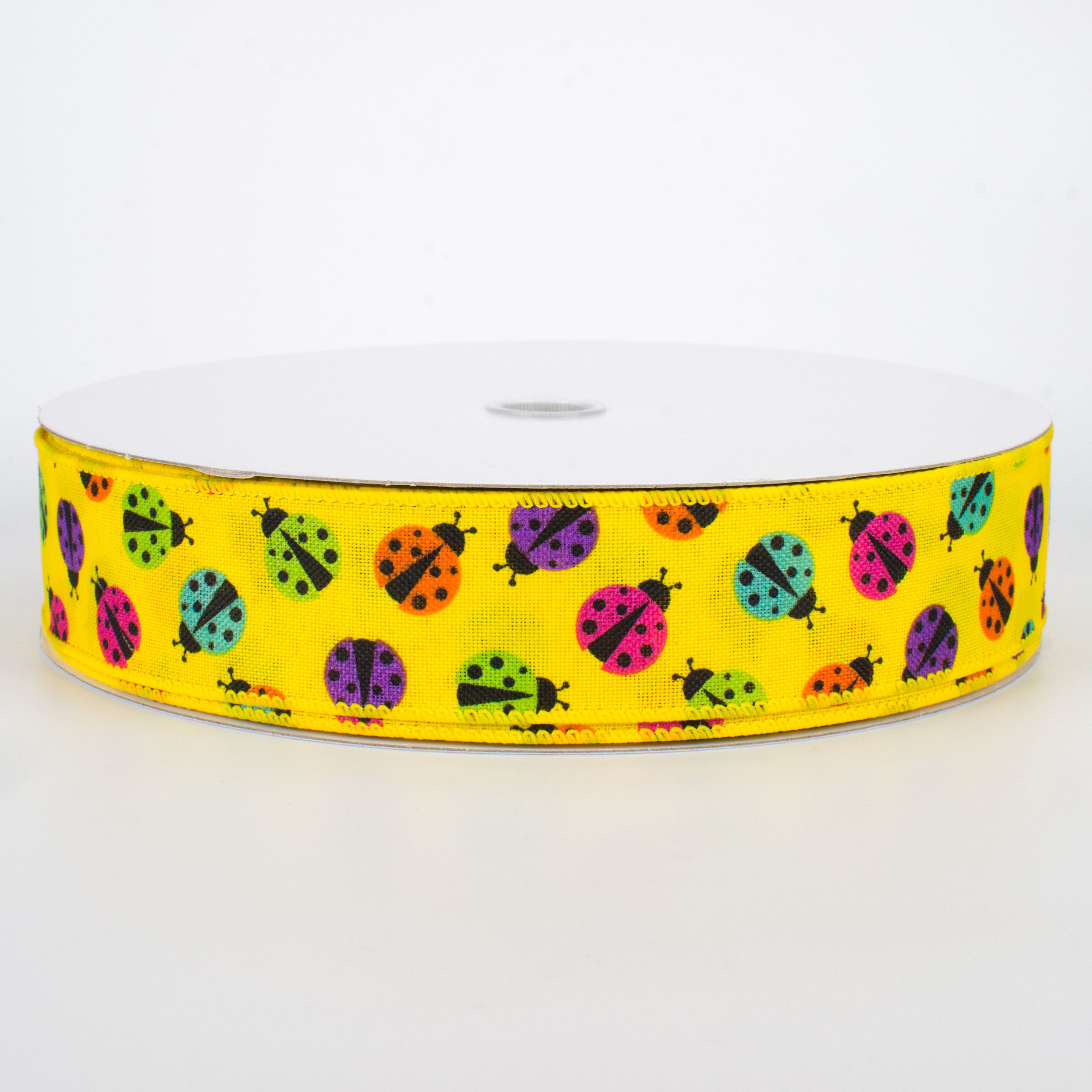 1.5" Multicolored Ladybugs Ribbon: Yellow (50 Yards)