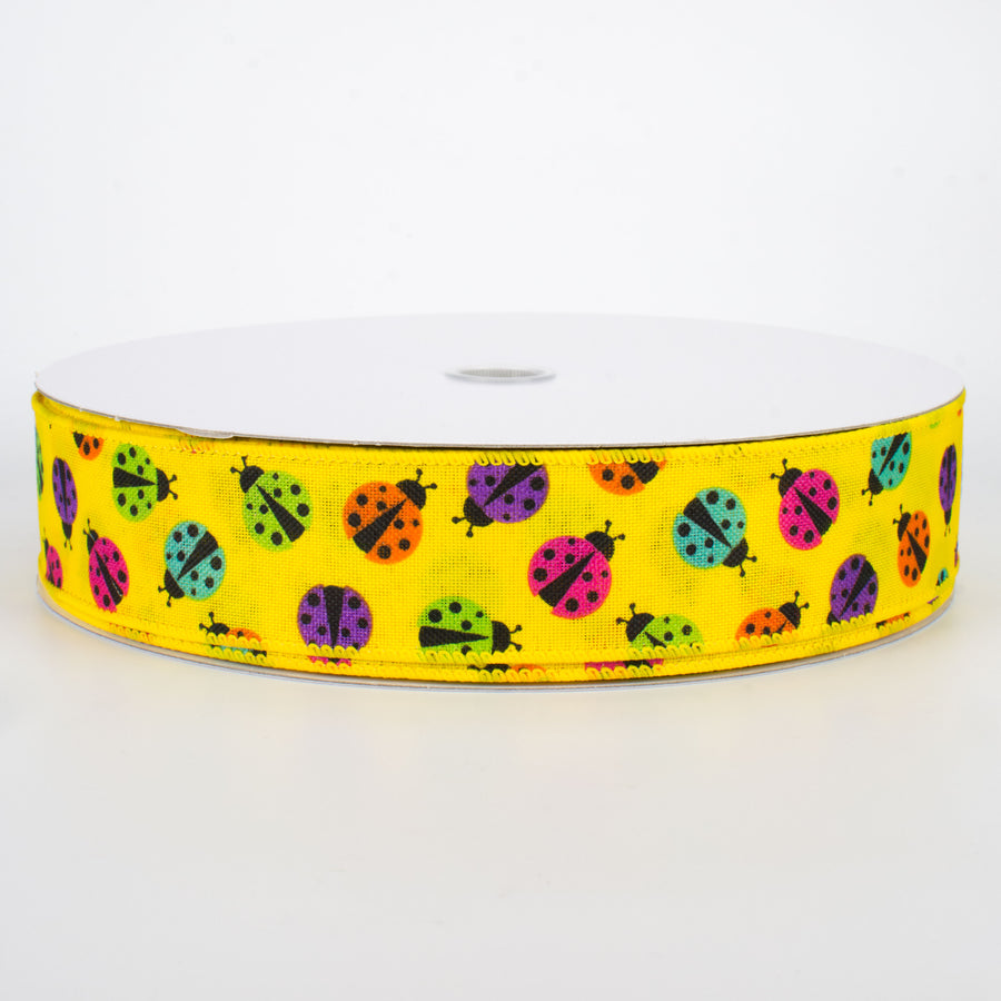 1.5" Multicolored Ladybugs Ribbon: Yellow (50 Yards)
