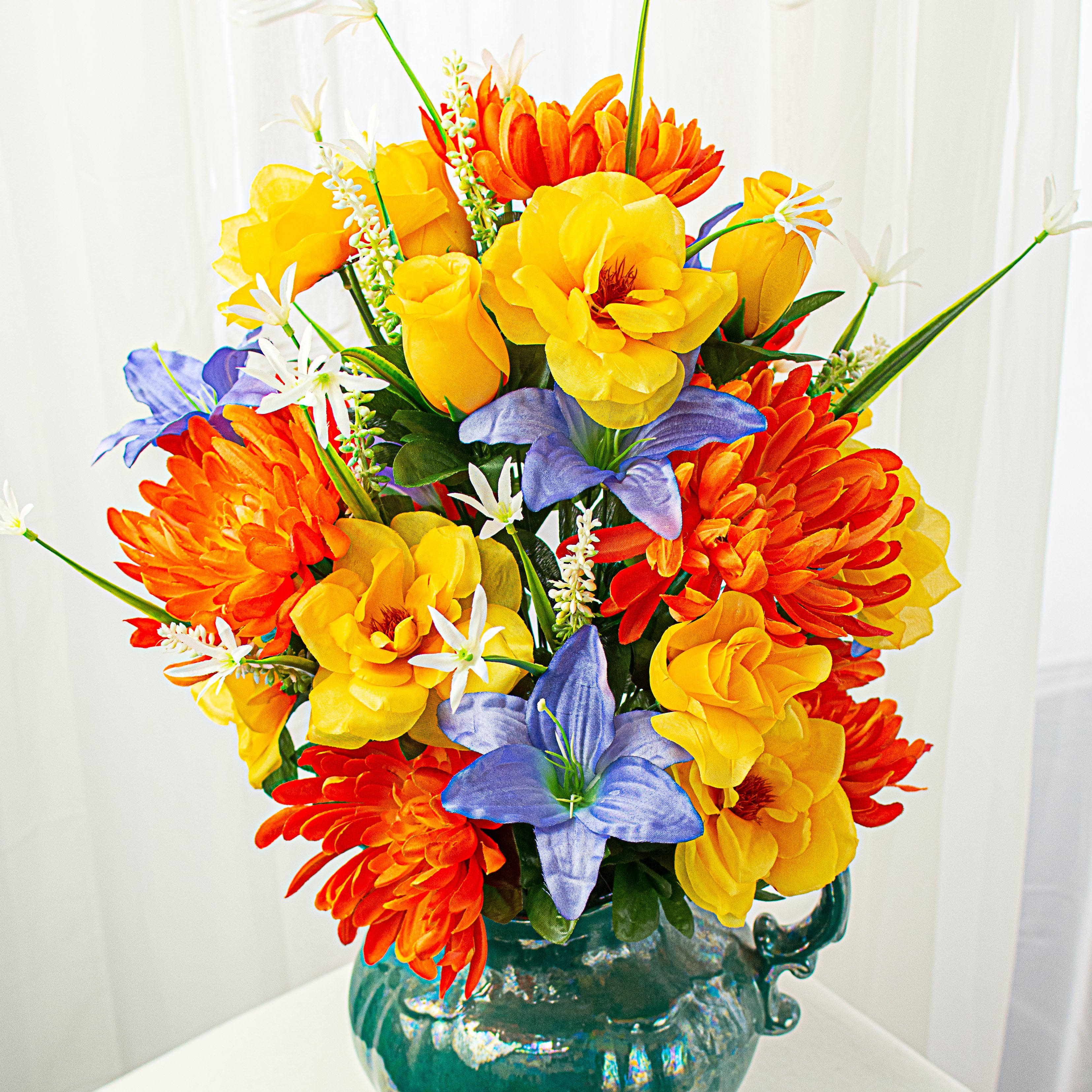 31" Mum, Tiger Lily, Rose Bush: Yellow, Orange, Blue Item Number: 35101YWORBL