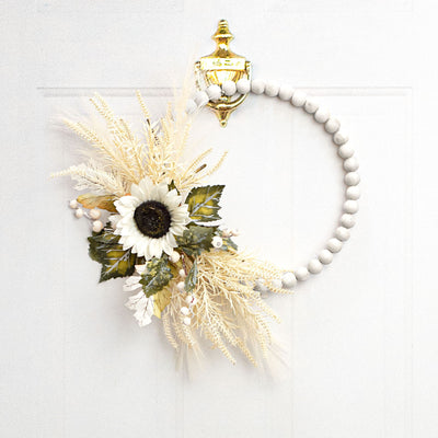 13" Wood Bead Wreath: Whitewash