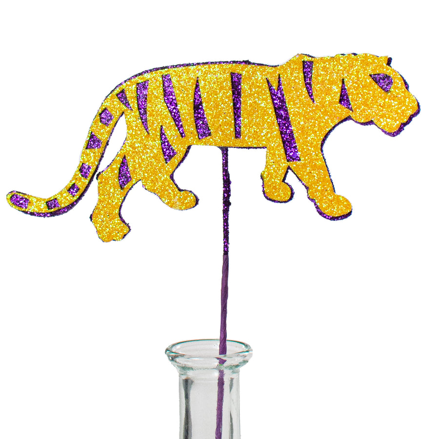 13" Glittered Tiger Pick: Yellow & Purple
