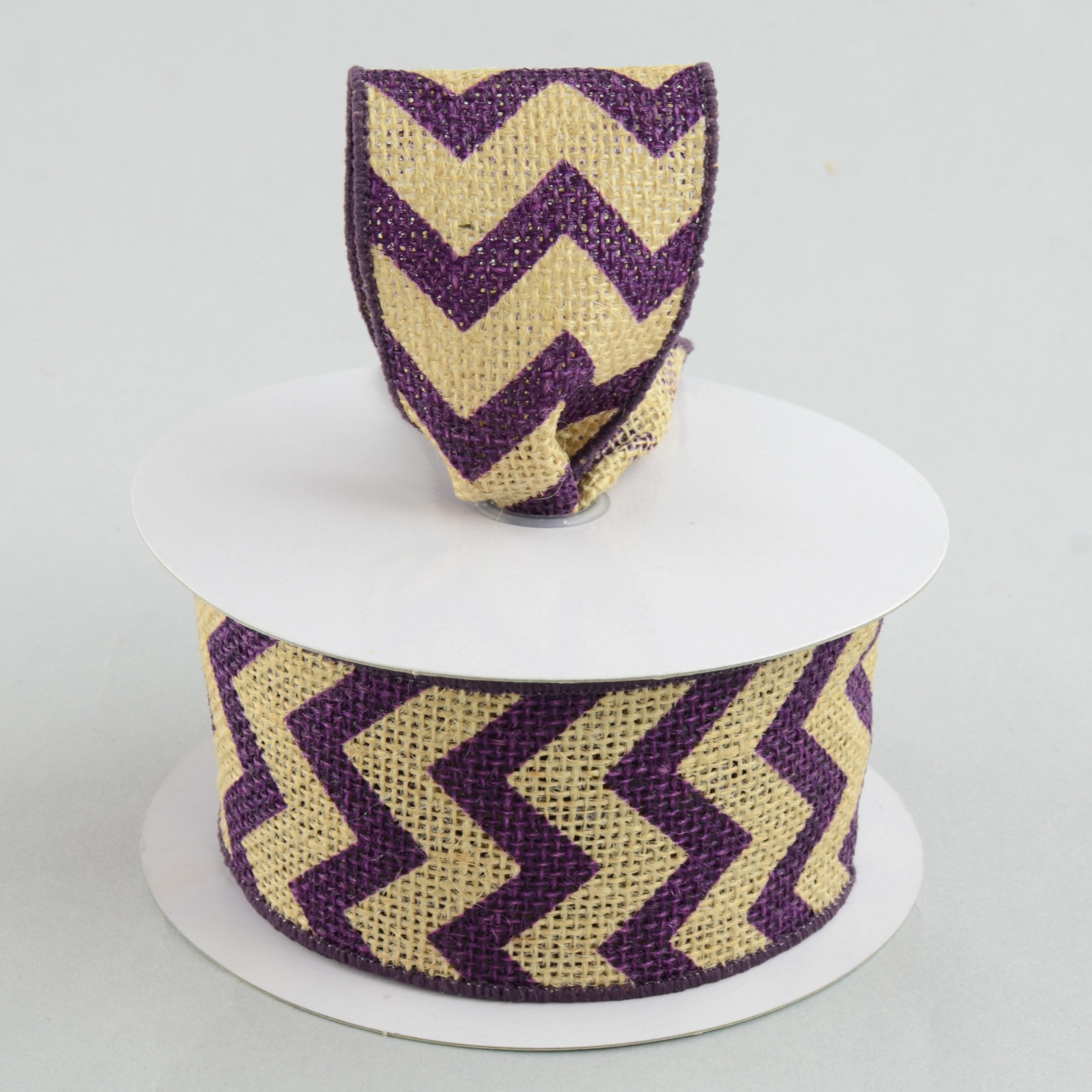 2.5" Natural Burlap Ribbon With Purple Chevron Pattern (10 Yards) Lifestyle Photo