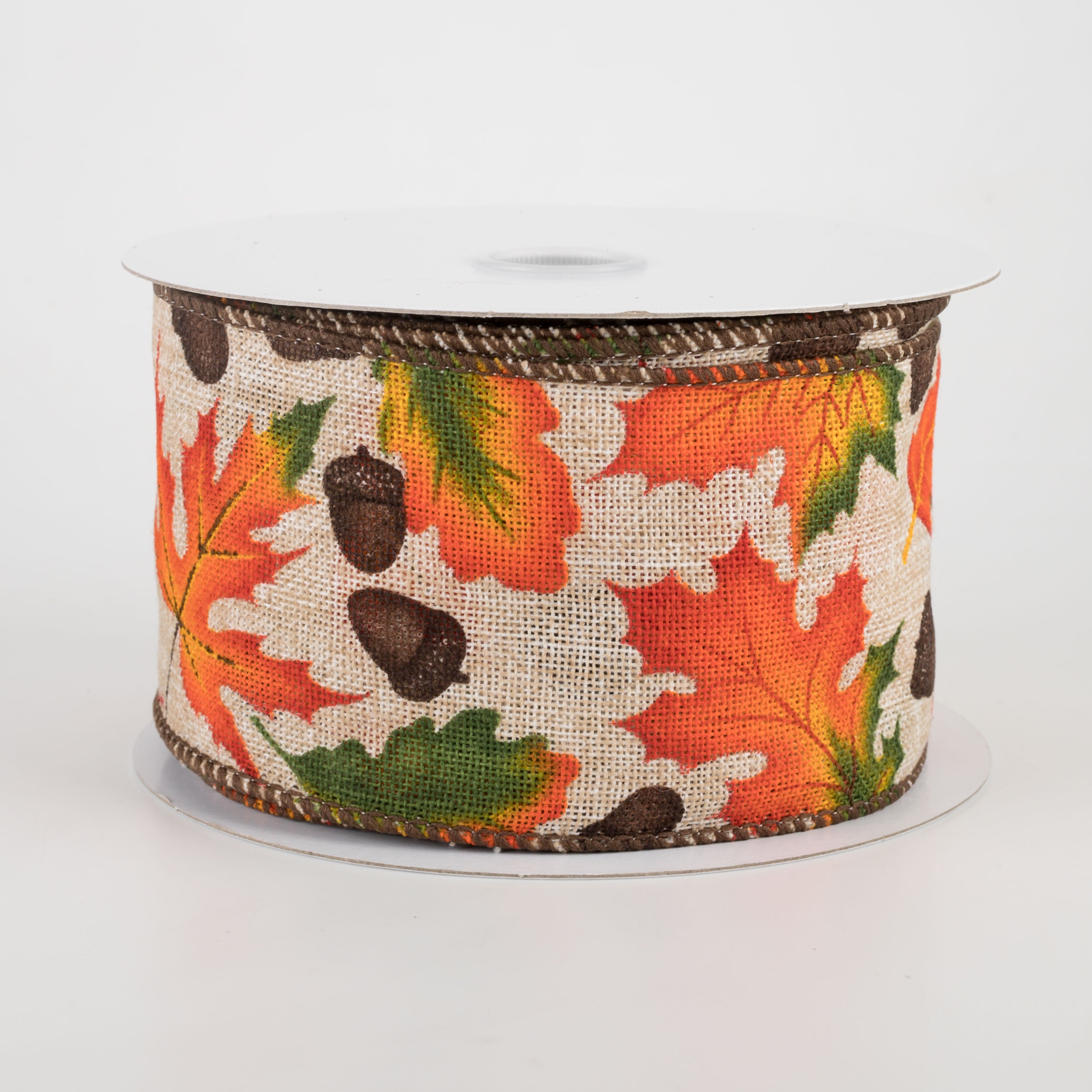 2.5" Natural Canvas Fall Leaves Acorns Ribbon (10 Yards)