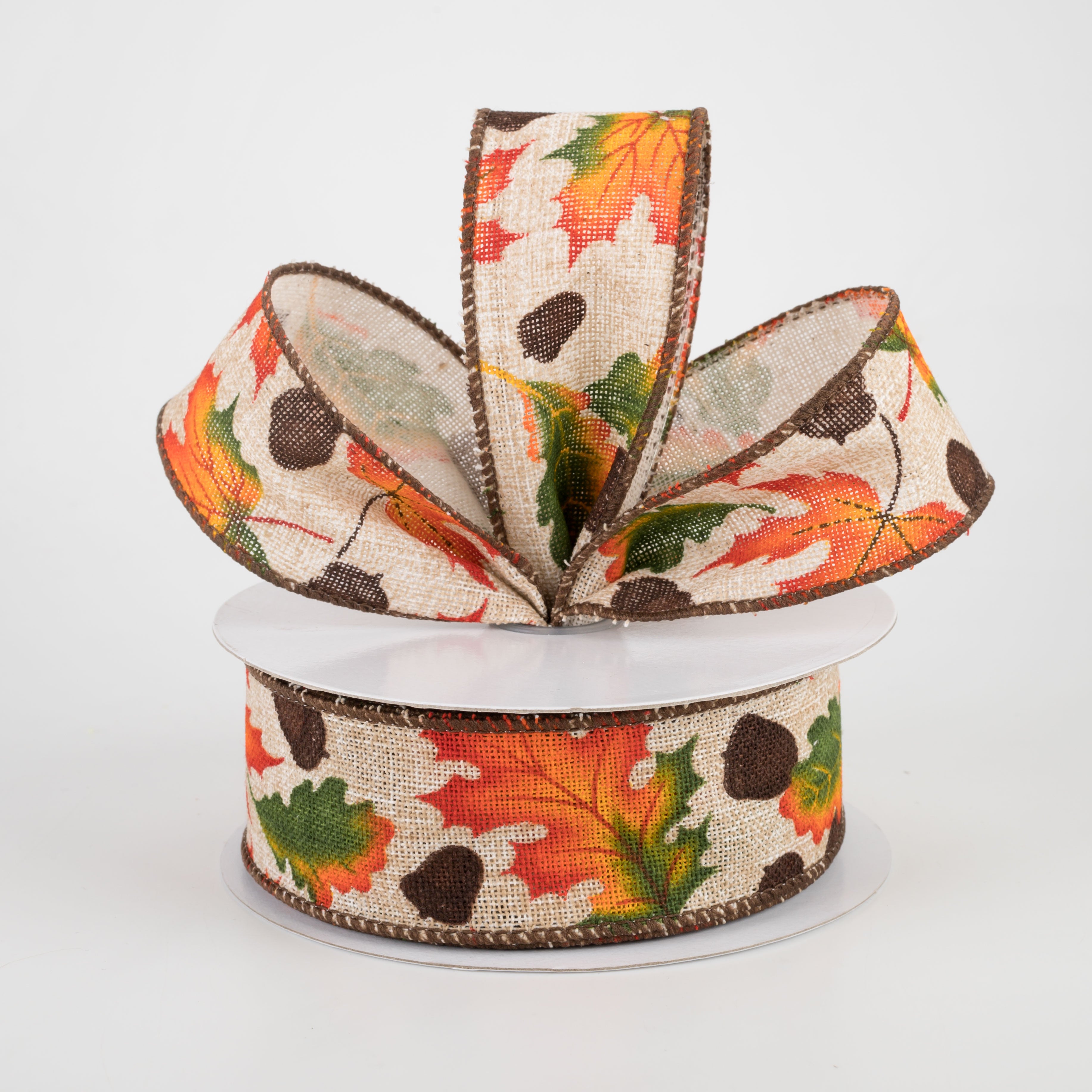 1.5" Natural Canvas Fall Leaves Acorns Ribbon (10 Yards) Lifestyle Photo