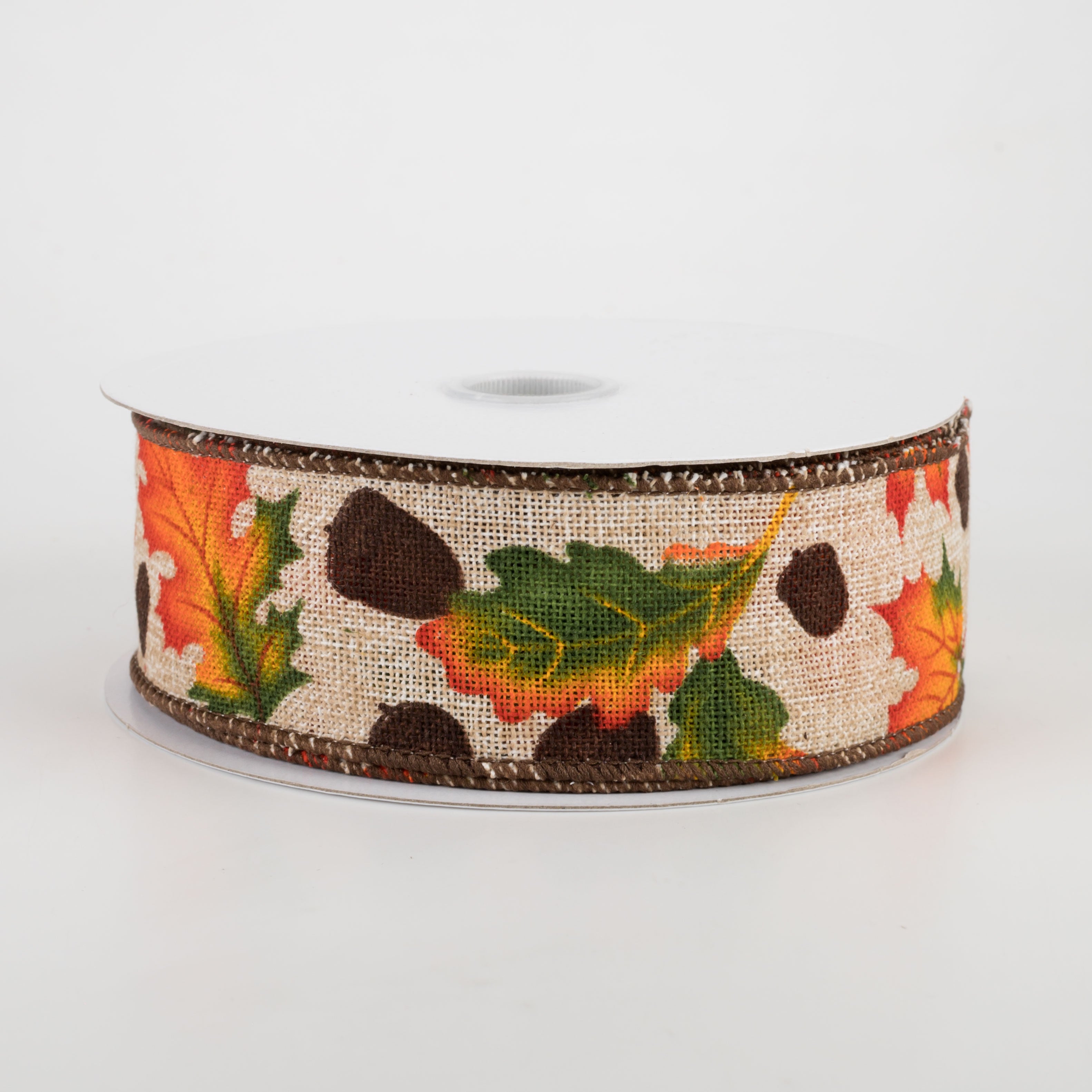 1.5" Natural Canvas Fall Leaves Acorns Ribbon (10 Yards)